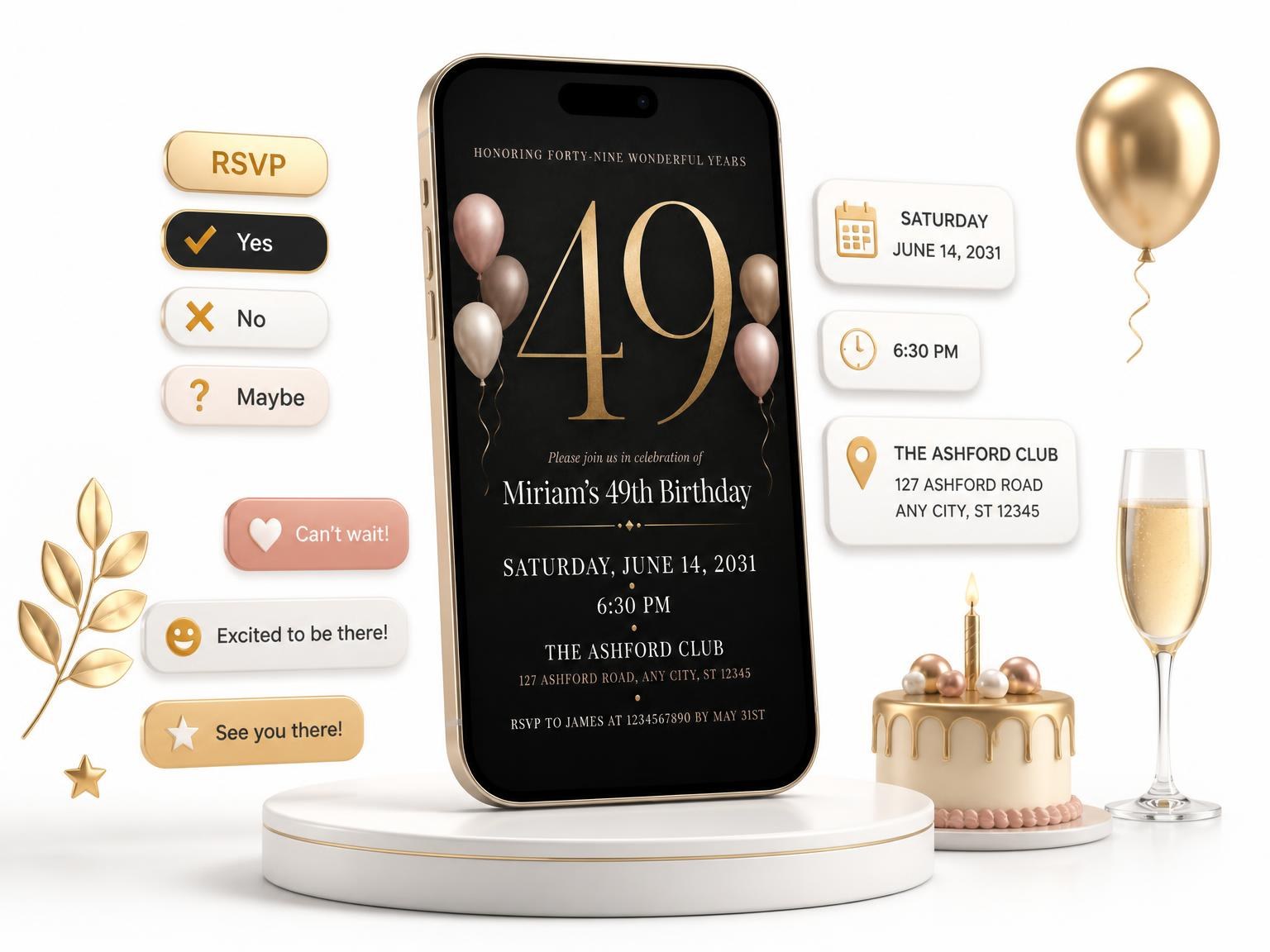 The Charcoal and Blush 49th Birthday Invitation invitation on a phone, with guest RSVPs arriving around it