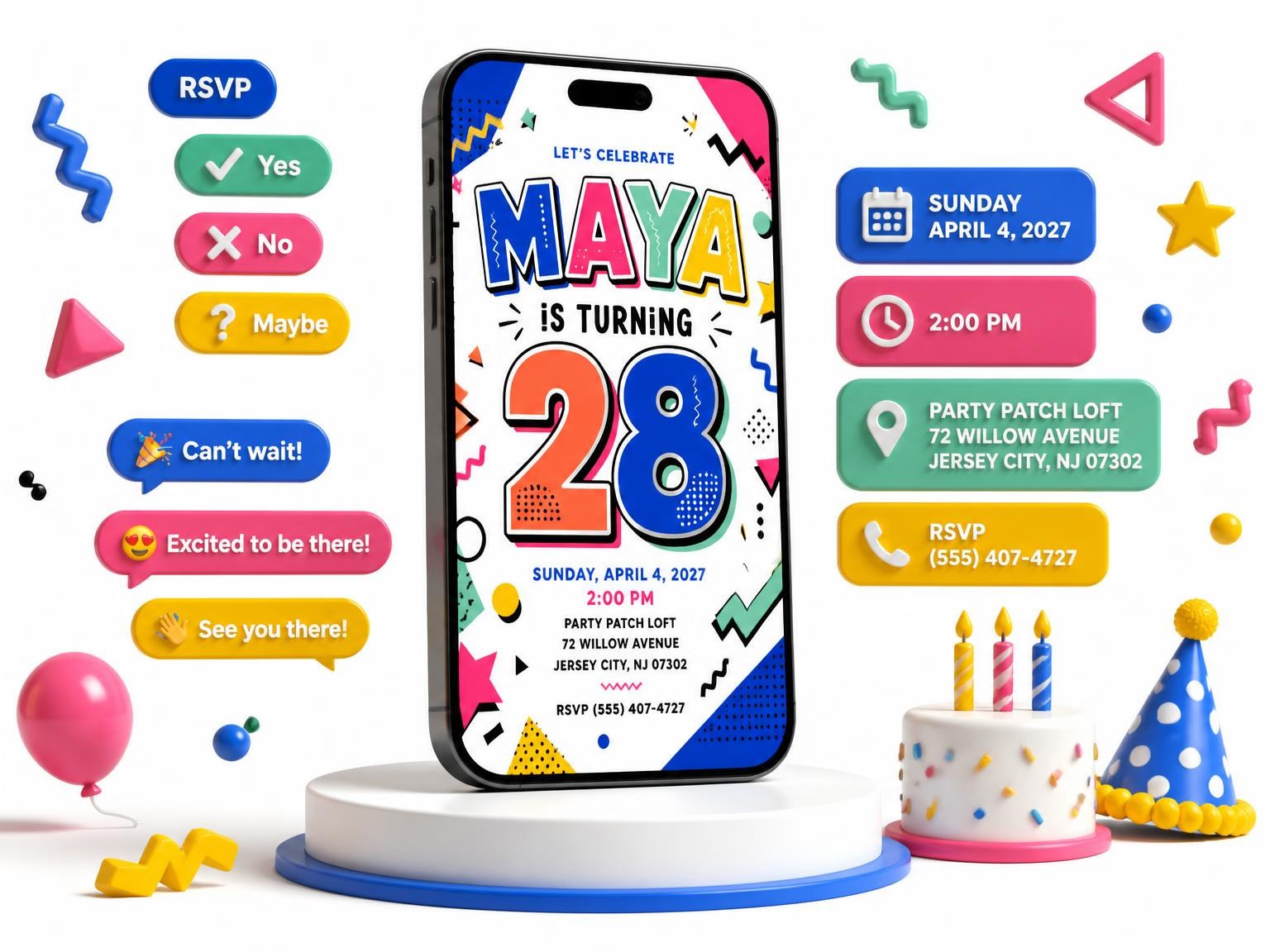 The Memphis Pop 28th Birthday Invitation invitation on a phone, with guest RSVPs arriving around it