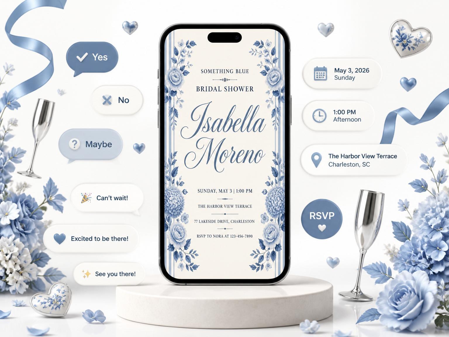 The Blue Chinoiserie Floral Bridal Shower invitation on a phone, with guest RSVPs arriving around it