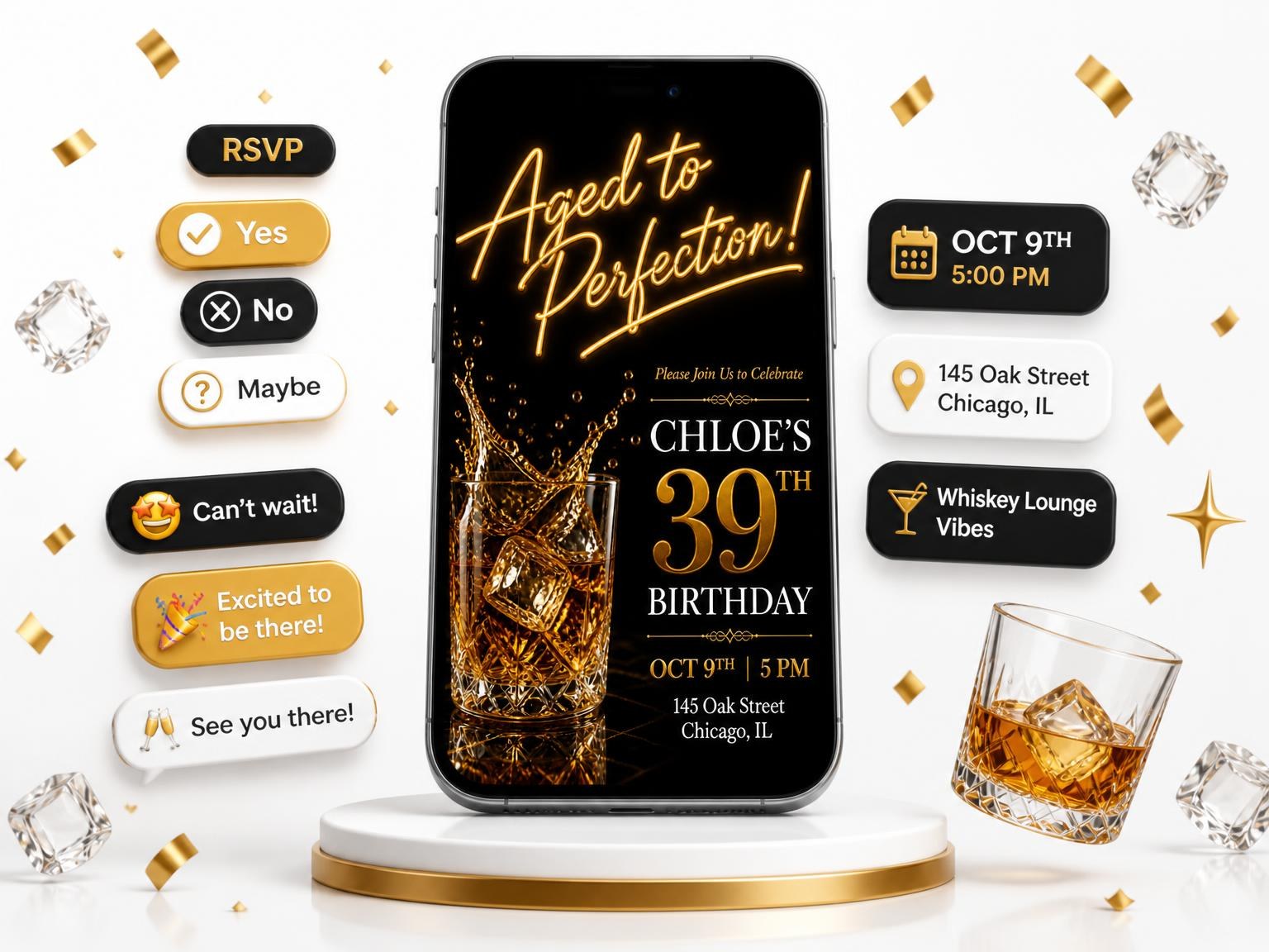 The Whiskey Lowball 39th Birthday Invitation invitation on a phone, with guest RSVPs arriving around it