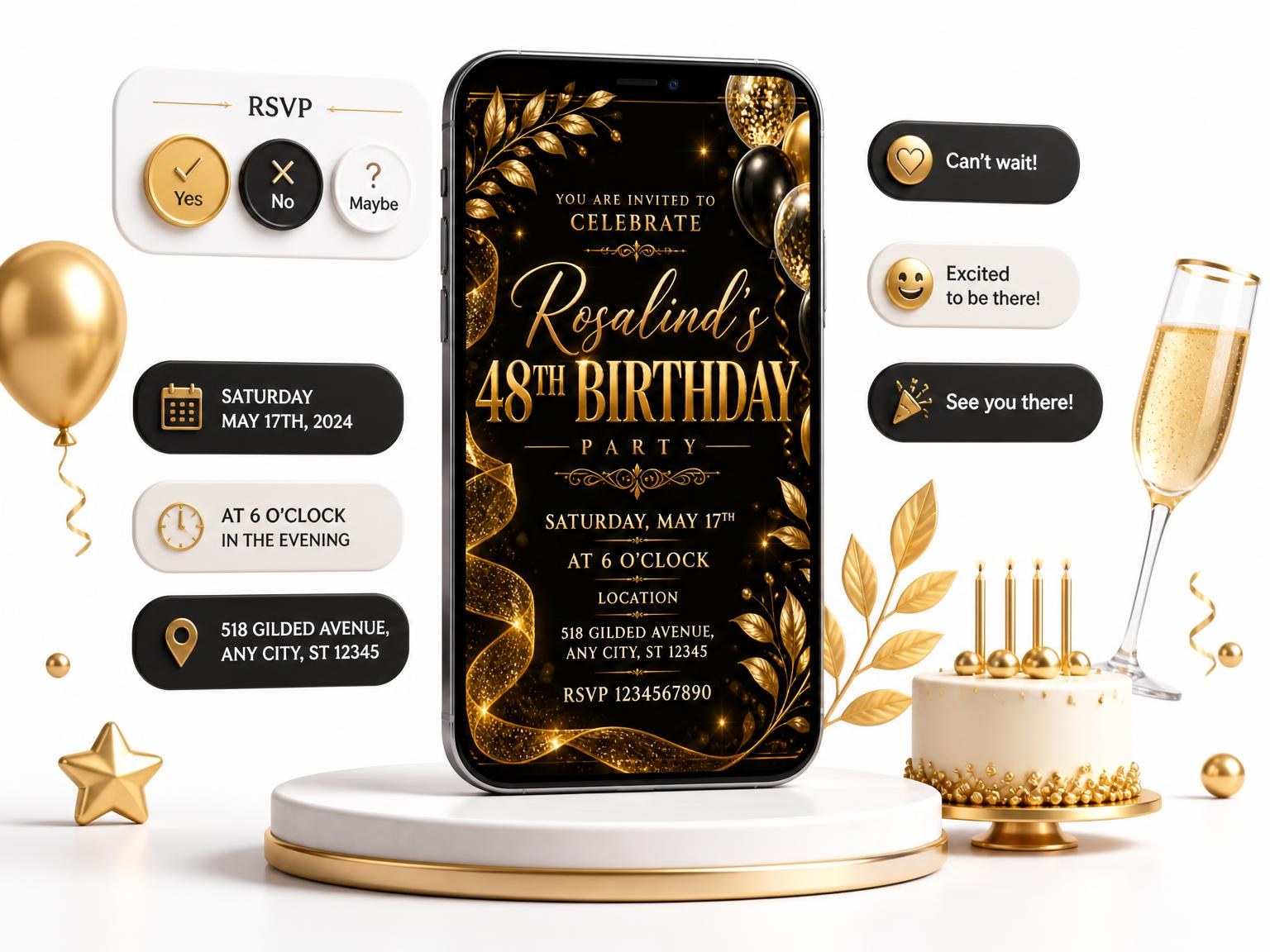 The Black and Gold 48th Birthday Invitation invitation on a phone, with guest RSVPs arriving around it