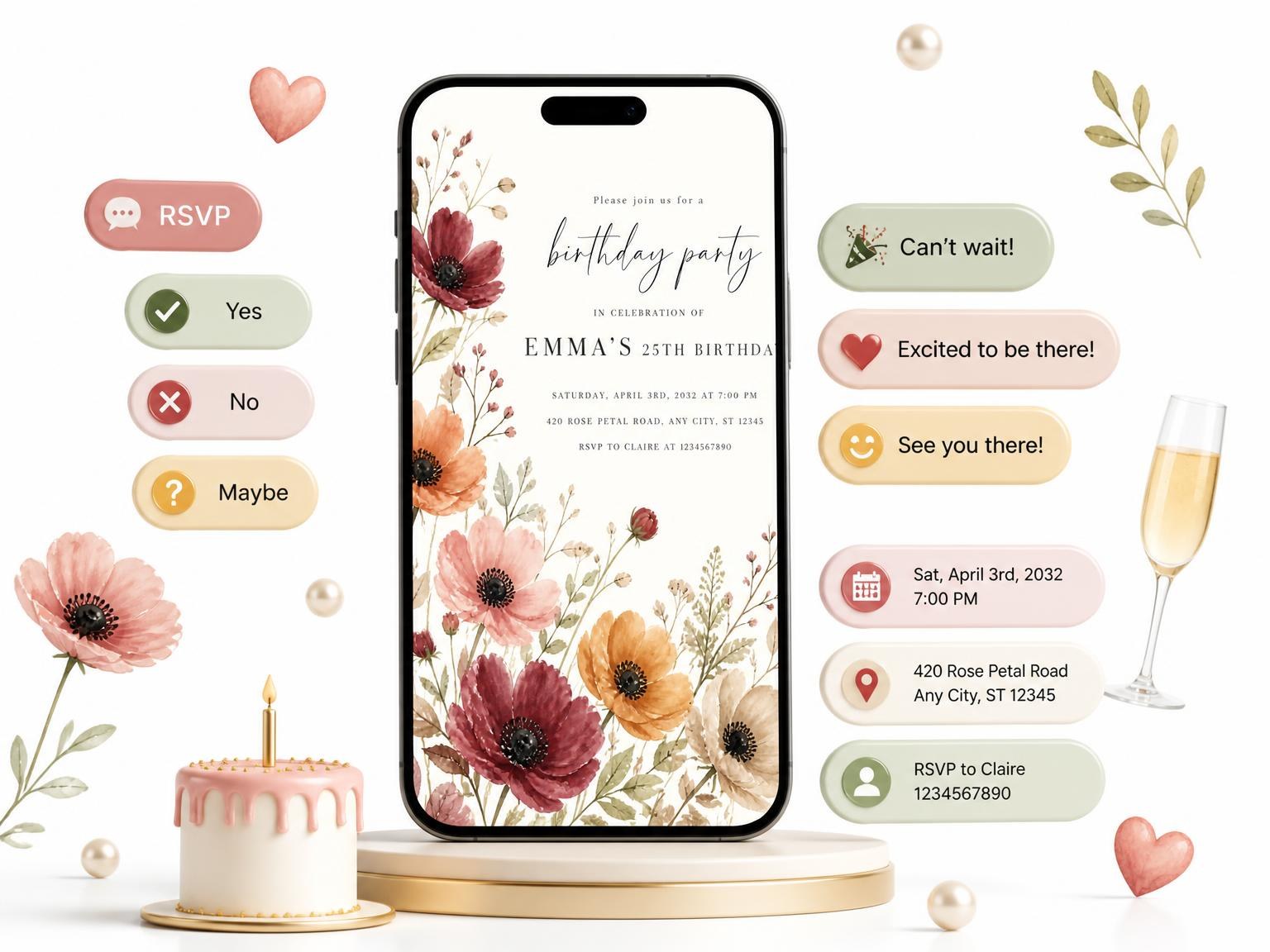 The Autumn Botanical Poppy 25th Birthday Invitation invitation on a phone, with guest RSVPs arriving around it