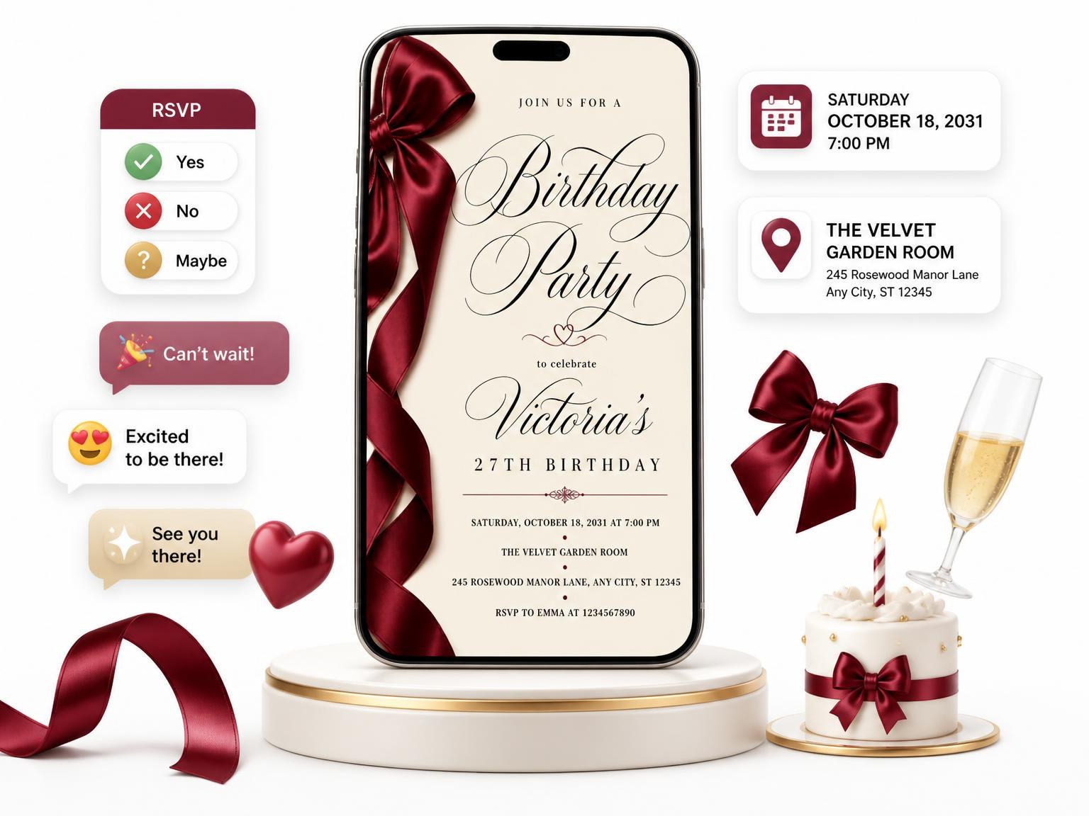The Burgundy Satin Bow 27th Birthday Invitation invitation on a phone, with guest RSVPs arriving around it