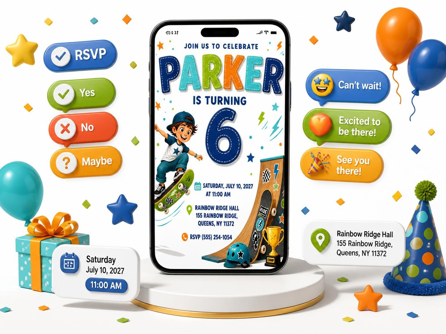 The Stitched Skateboard Ramp 6th Birthday Invitation invitation on a phone, with guest RSVPs arriving around it