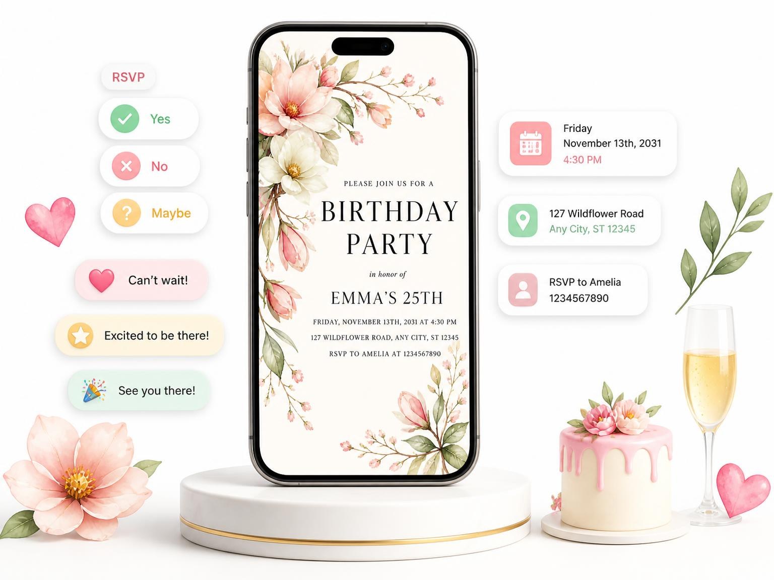 The Flowers Branches Blush 25th Birthday Invitation invitation on a phone, with guest RSVPs arriving around it