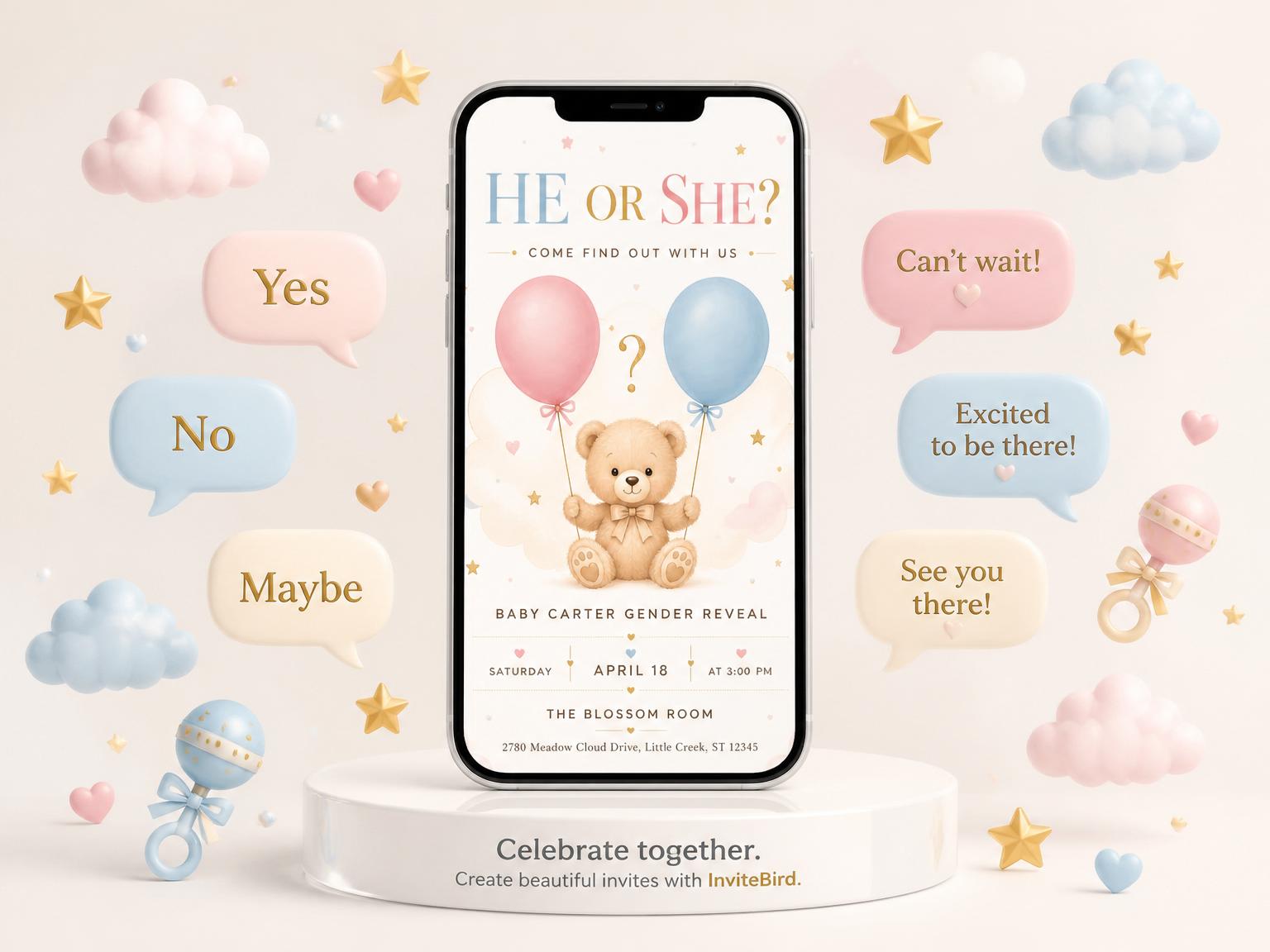 The Cuddly Teddy Bear Gender Reveal Invitation invitation on a phone, with guest RSVPs arriving around it