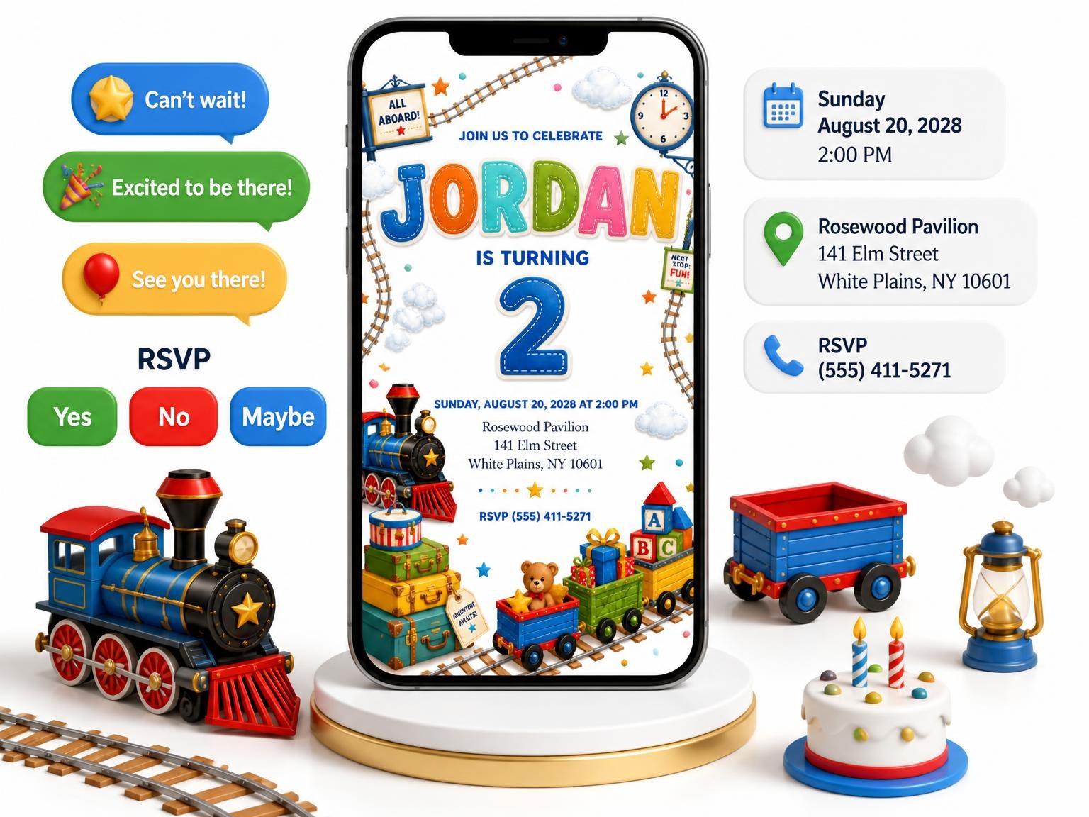 The Stitched Train 2nd Birthday Invitation invitation on a phone, with guest RSVPs arriving around it