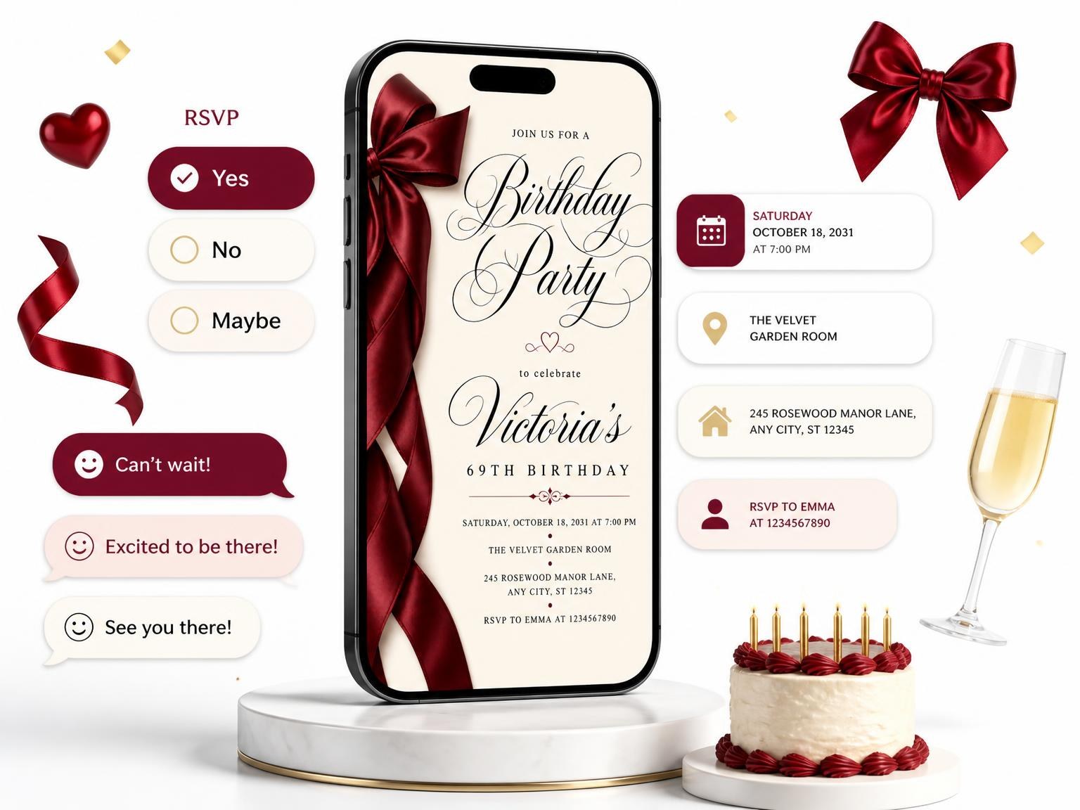 The Burgundy Satin Bow 69th Birthday Invitation invitation on a phone, with guest RSVPs arriving around it