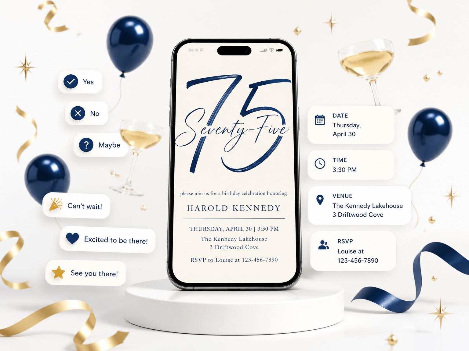 The Indigo Brush-Lettered 75th Birthday Invitation invitation on a phone, with guest RSVPs arriving around it