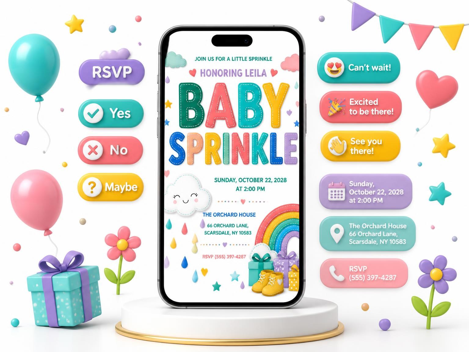 The Stitched Rainbow Baby Sprinkle Invitation invitation on a phone, with guest RSVPs arriving around it