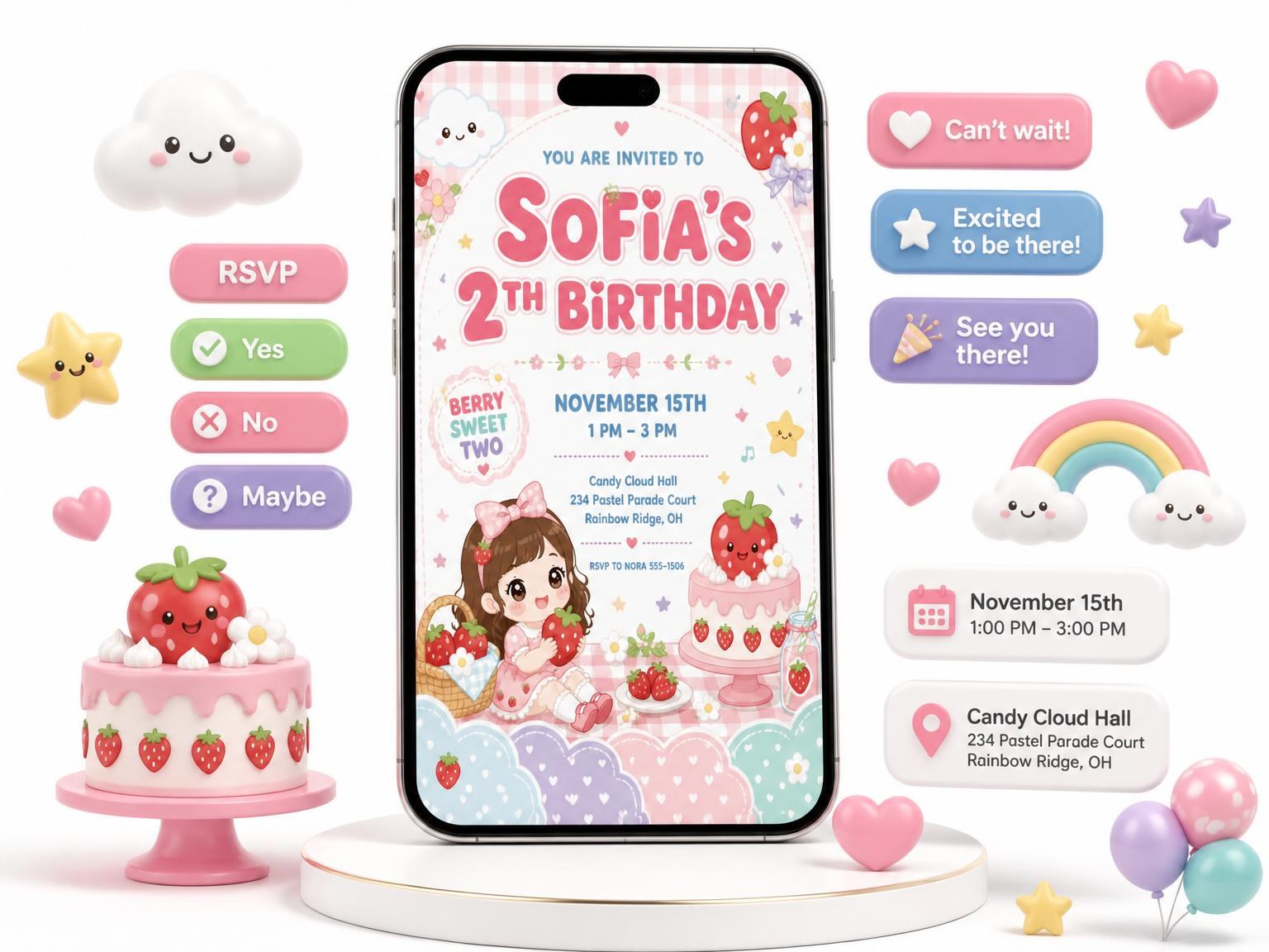 The Strawberry Cake Kawaii 2nd Birthday Invitation invitation on a phone, with guest RSVPs arriving around it