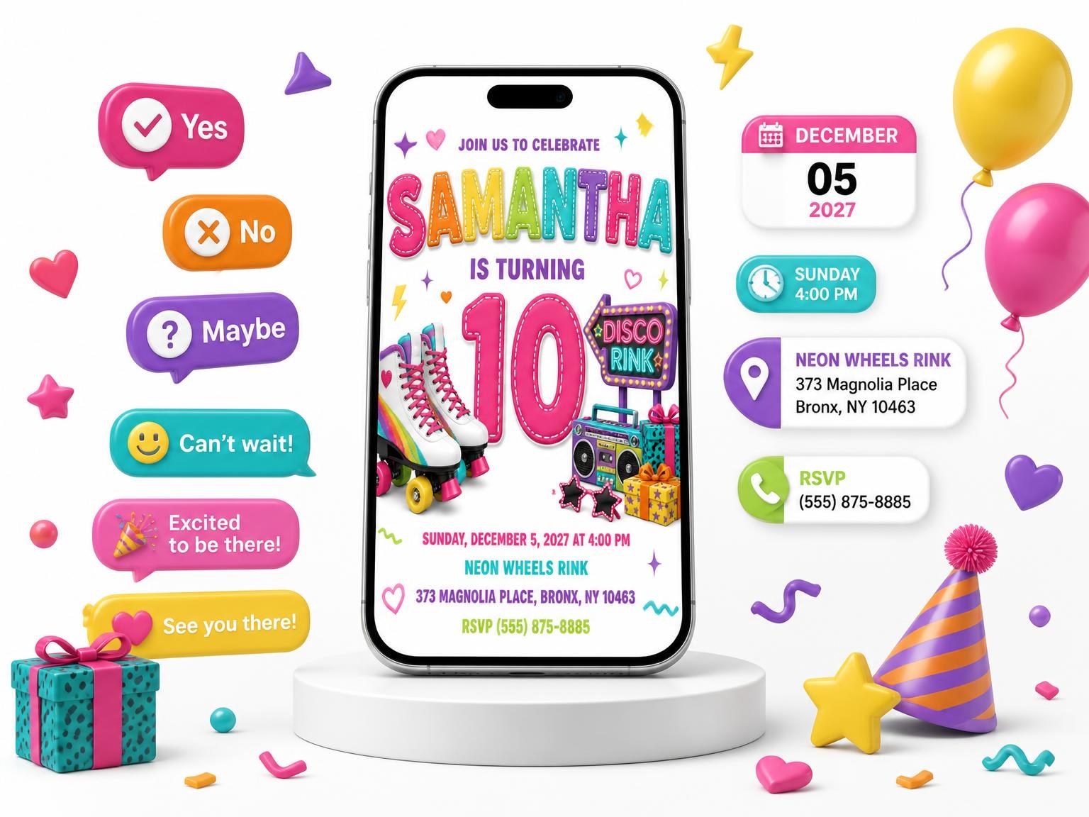 The Marquee Sign Stitched 10th Birthday Invitation invitation on a phone, with guest RSVPs arriving around it