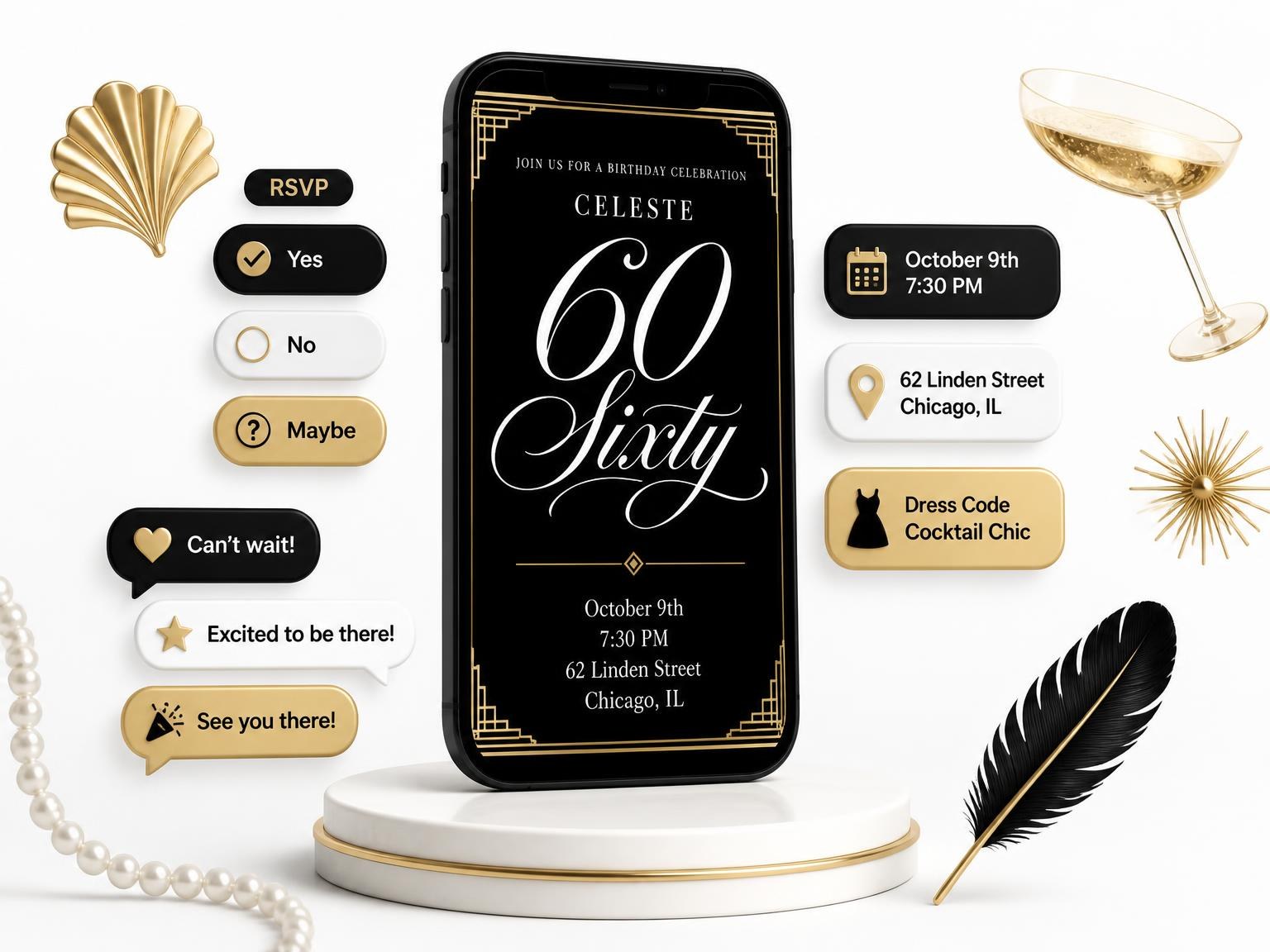 The Art Deco 60th Birthday Invitation invitation on a phone, with guest RSVPs arriving around it