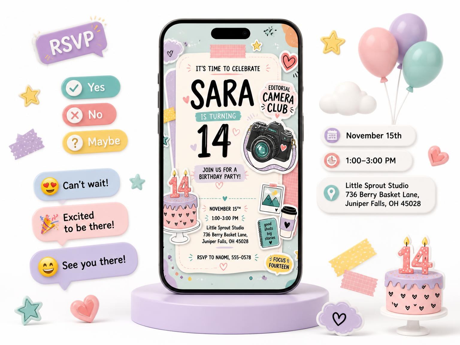 The Pastel DSLR Camera 14th Birthday Invitation invitation on a phone, with guest RSVPs arriving around it