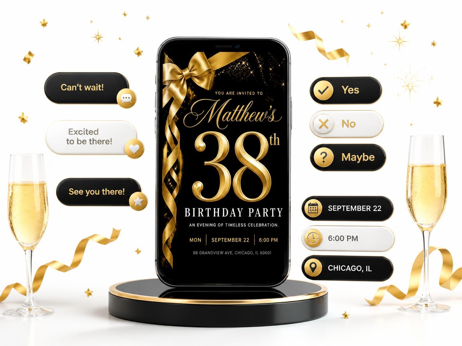 The Black and Gold Ribbon 38th Birthday invitation on a phone, with guest RSVPs arriving around it