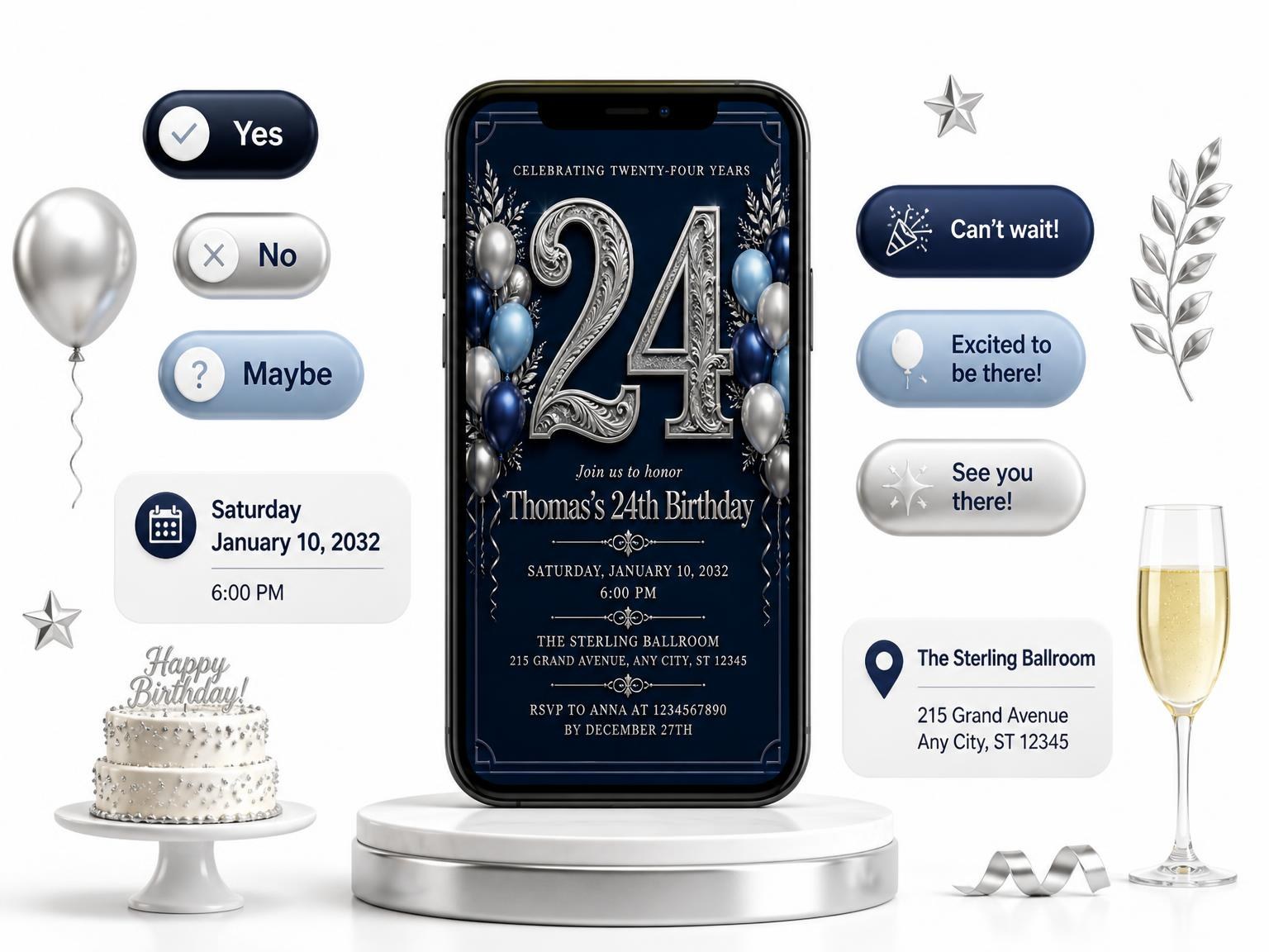 The Navy and Silver 24th Birthday Invitation invitation on a phone, with guest RSVPs arriving around it