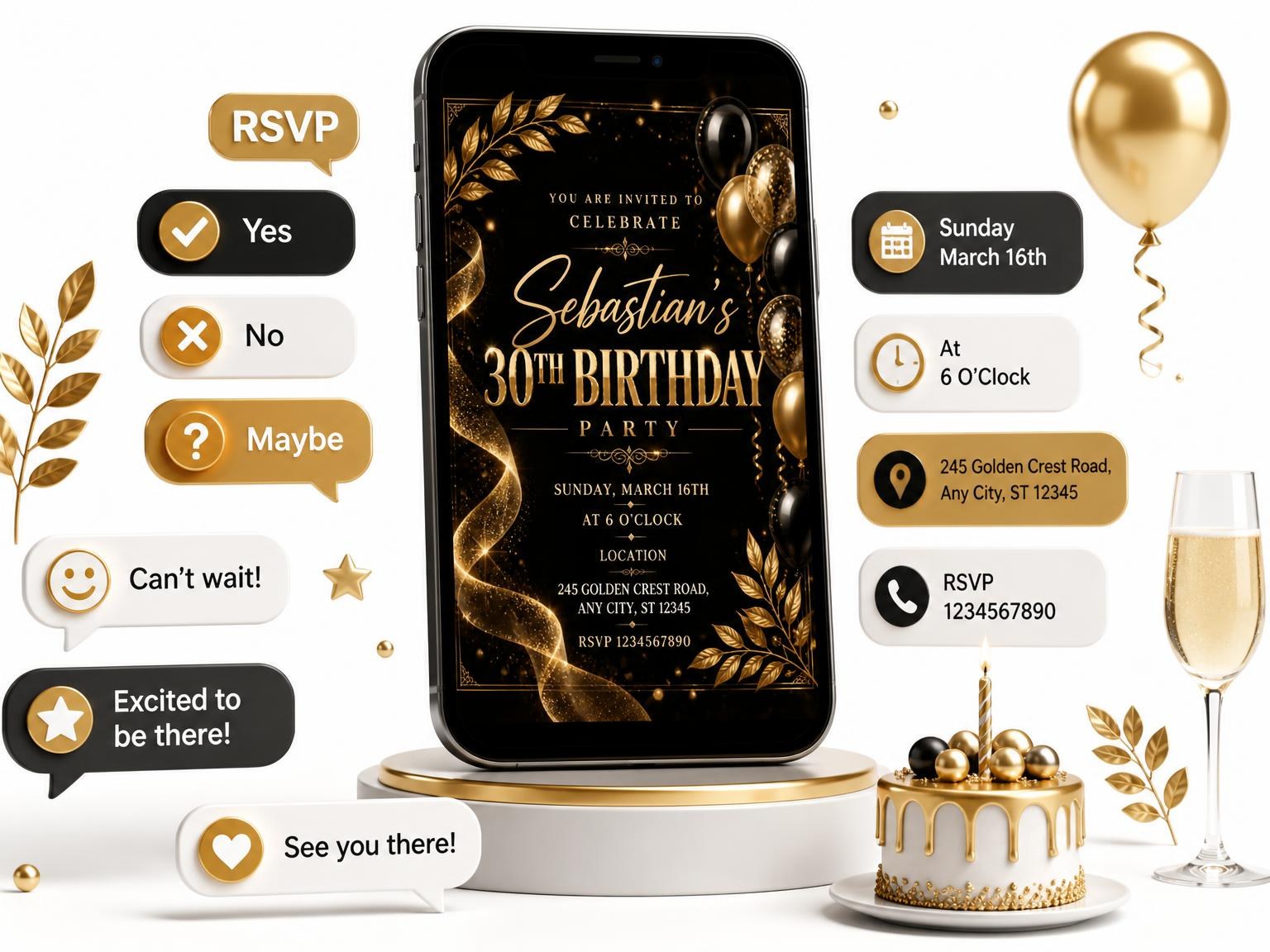 The Gold Leaves and Balloons 30th Birthday Invitation invitation on a phone, with guest RSVPs arriving around it