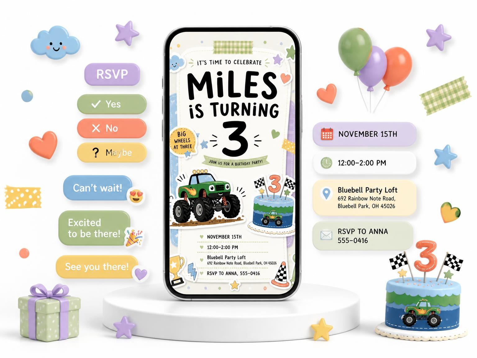 The Monster Truck Pastel 3rd Birthday Invitation invitation on a phone, with guest RSVPs arriving around it