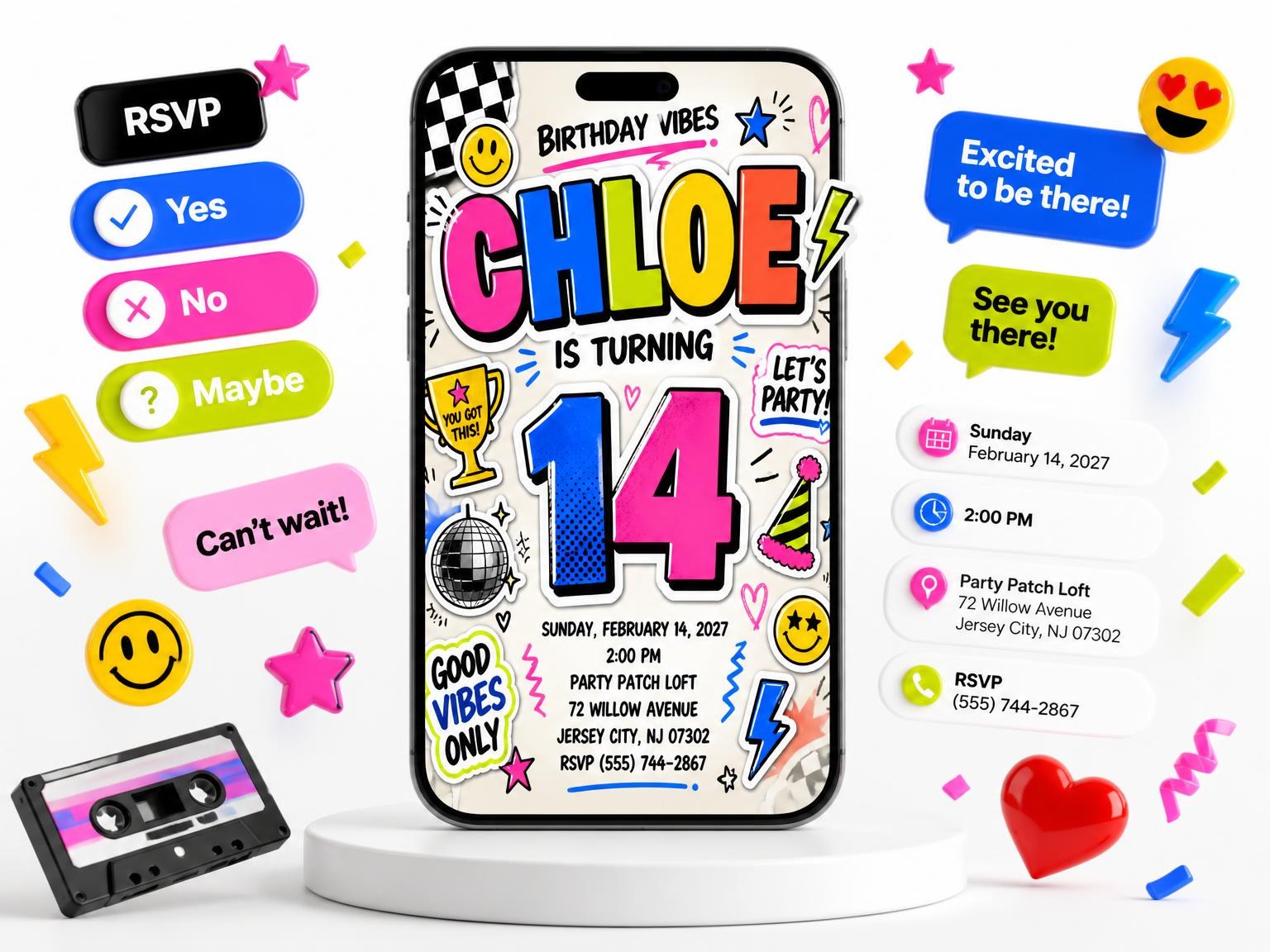 The Sticker Pop 14th Birthday Invitation invitation on a phone, with guest RSVPs arriving around it