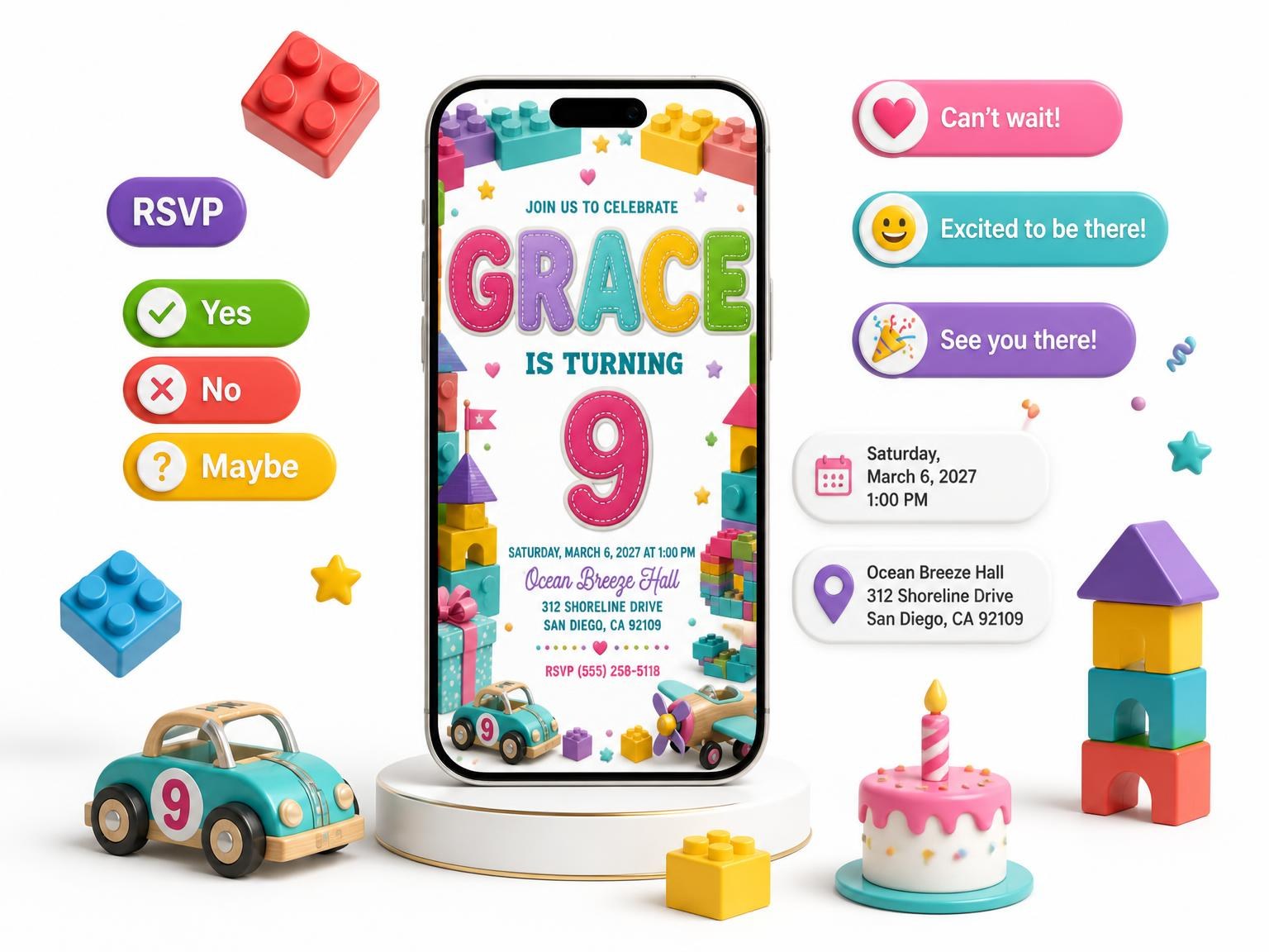 The Stitched Toy Blocks 9th Birthday Invitation invitation on a phone, with guest RSVPs arriving around it