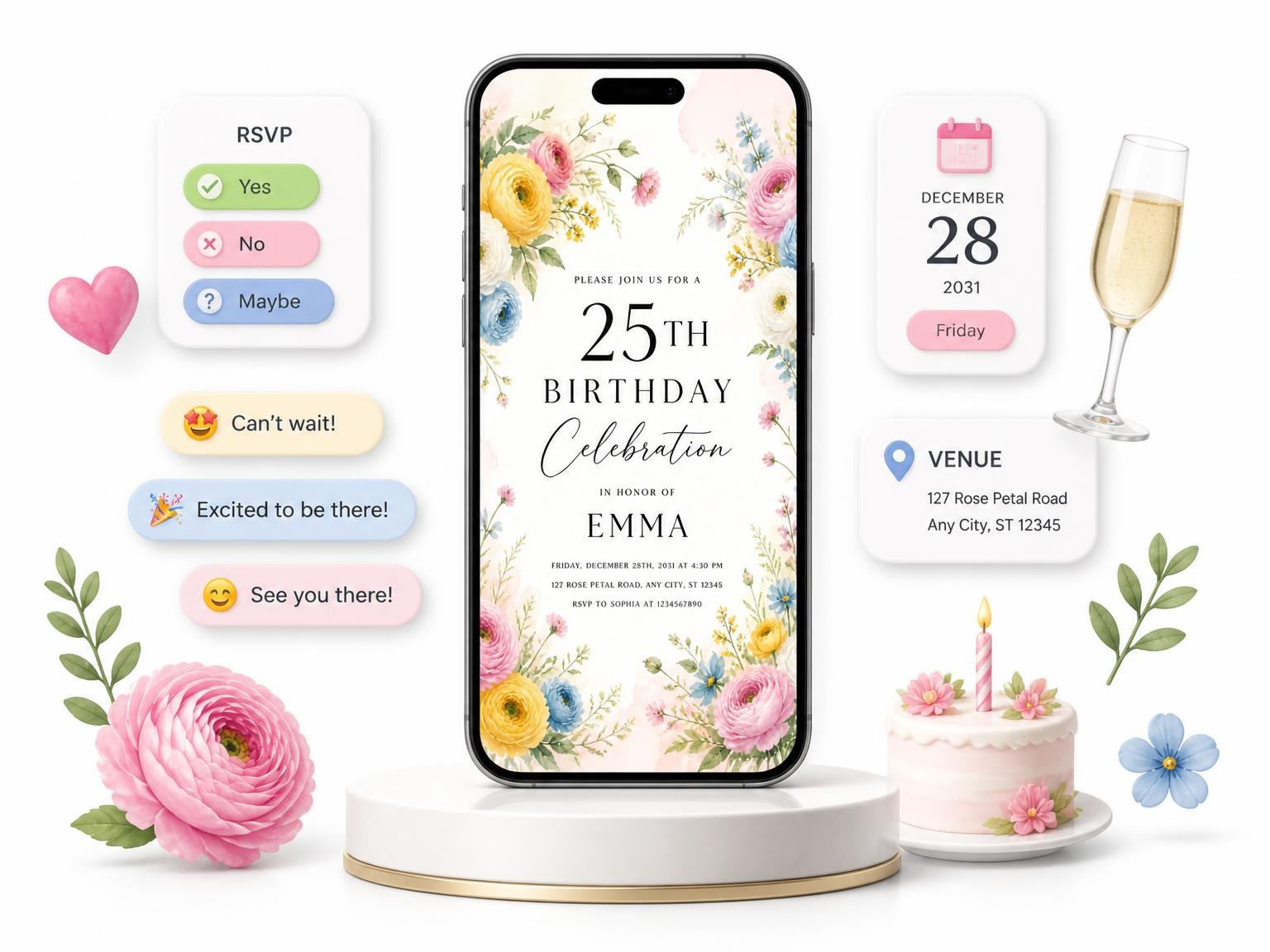 The Spring Botanical 25th Birthday Invitation invitation on a phone, with guest RSVPs arriving around it