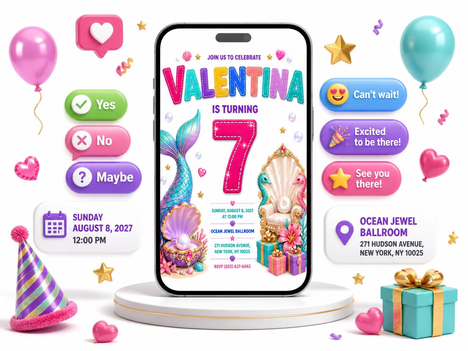 The Stitched Mermaid Tail 7th Birthday Invitation invitation on a phone, with guest RSVPs arriving around it
