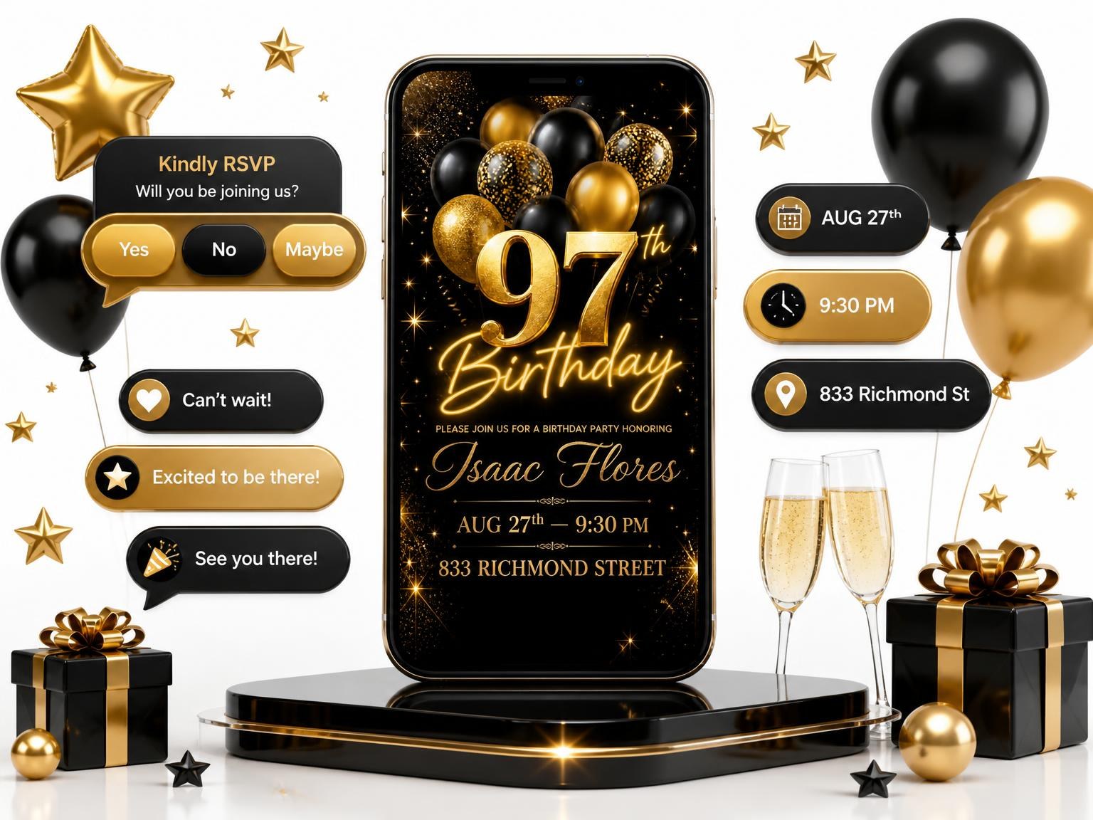 The Black and Gold Balloon 97th Birthday invitation on a phone, with guest RSVPs arriving around it
