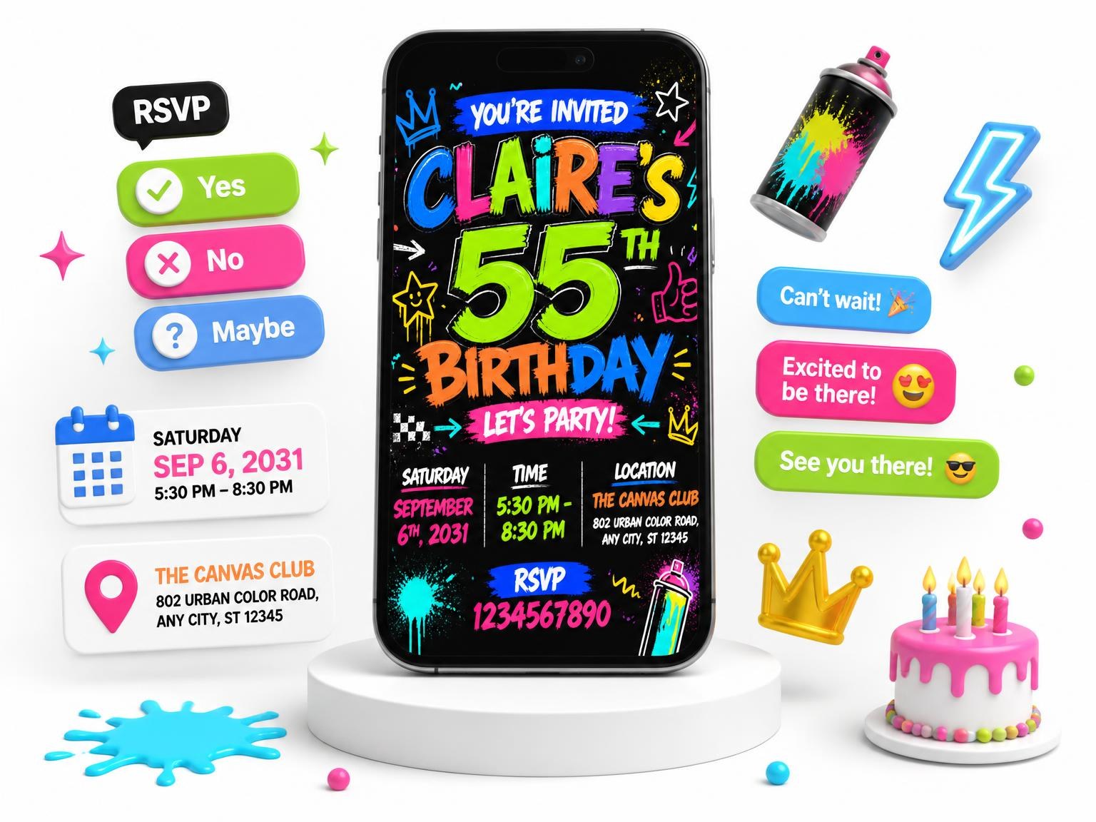 The Graffiti Street Art 55th Birthday Invitation invitation on a phone, with guest RSVPs arriving around it