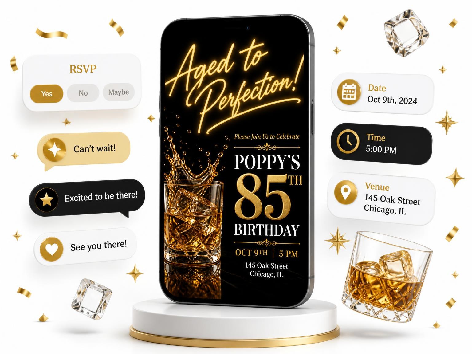 The Whiskey Tumbler 85th Birthday Invitation invitation on a phone, with guest RSVPs arriving around it