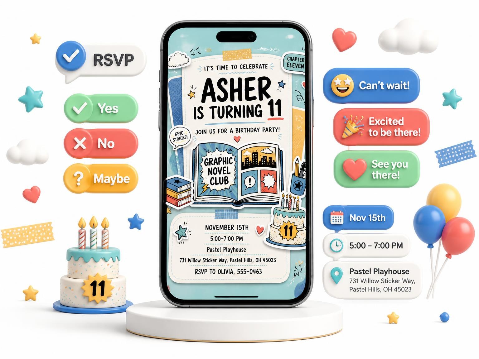 The Comic Book Pastel 11th Birthday Invitation invitation on a phone, with guest RSVPs arriving around it