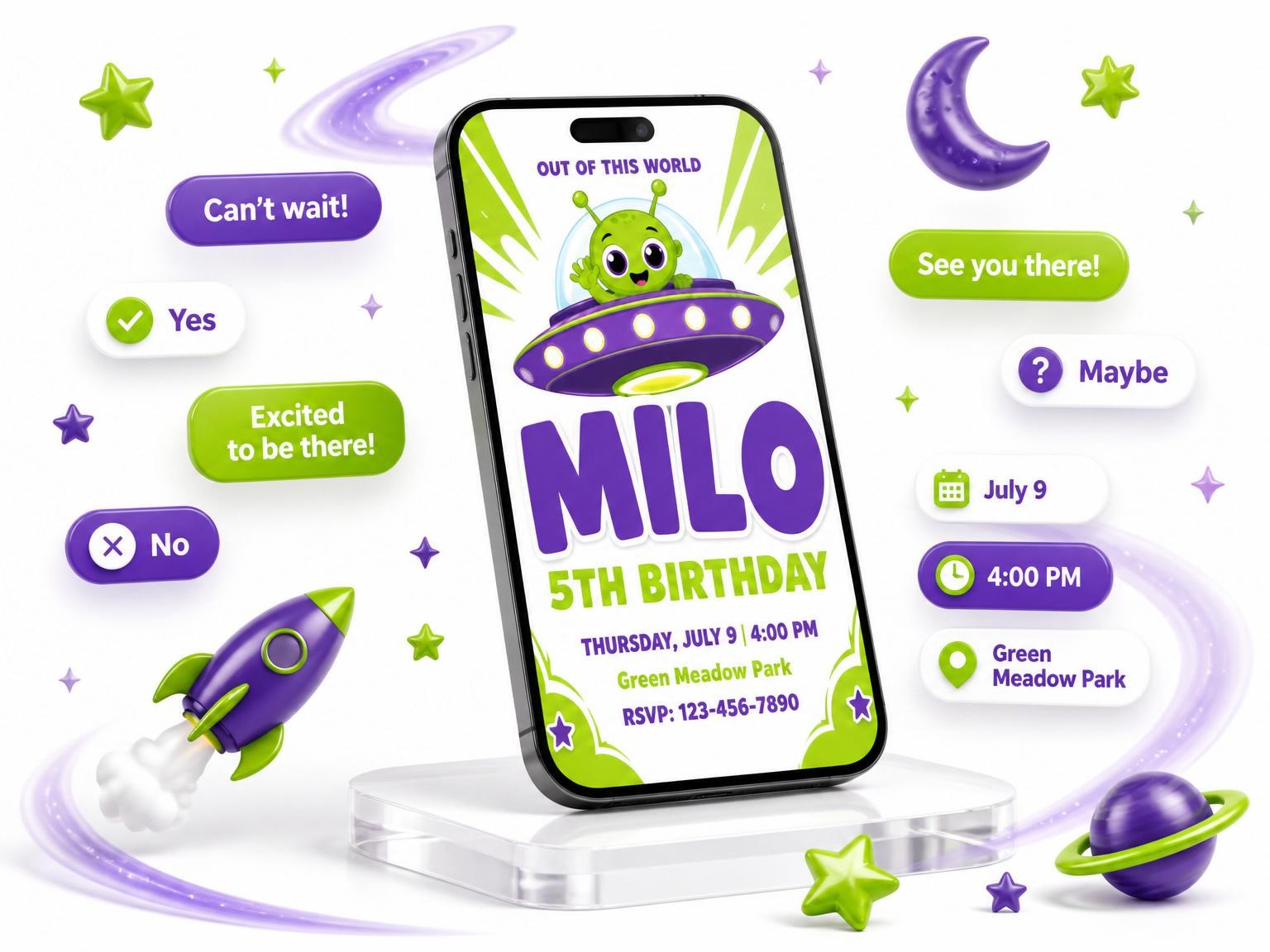 The Neon Alien Flying Saucer 5th Birthday invitation on a phone, with guest RSVPs arriving around it