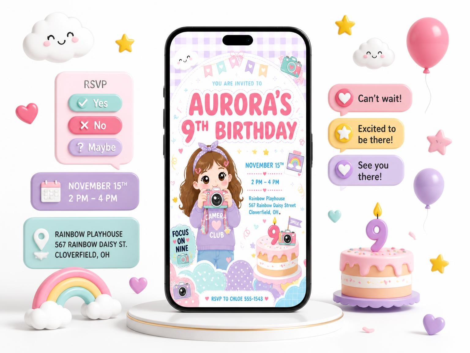 The Kawaii Instant Camera 9th Birthday Invitation invitation on a phone, with guest RSVPs arriving around it