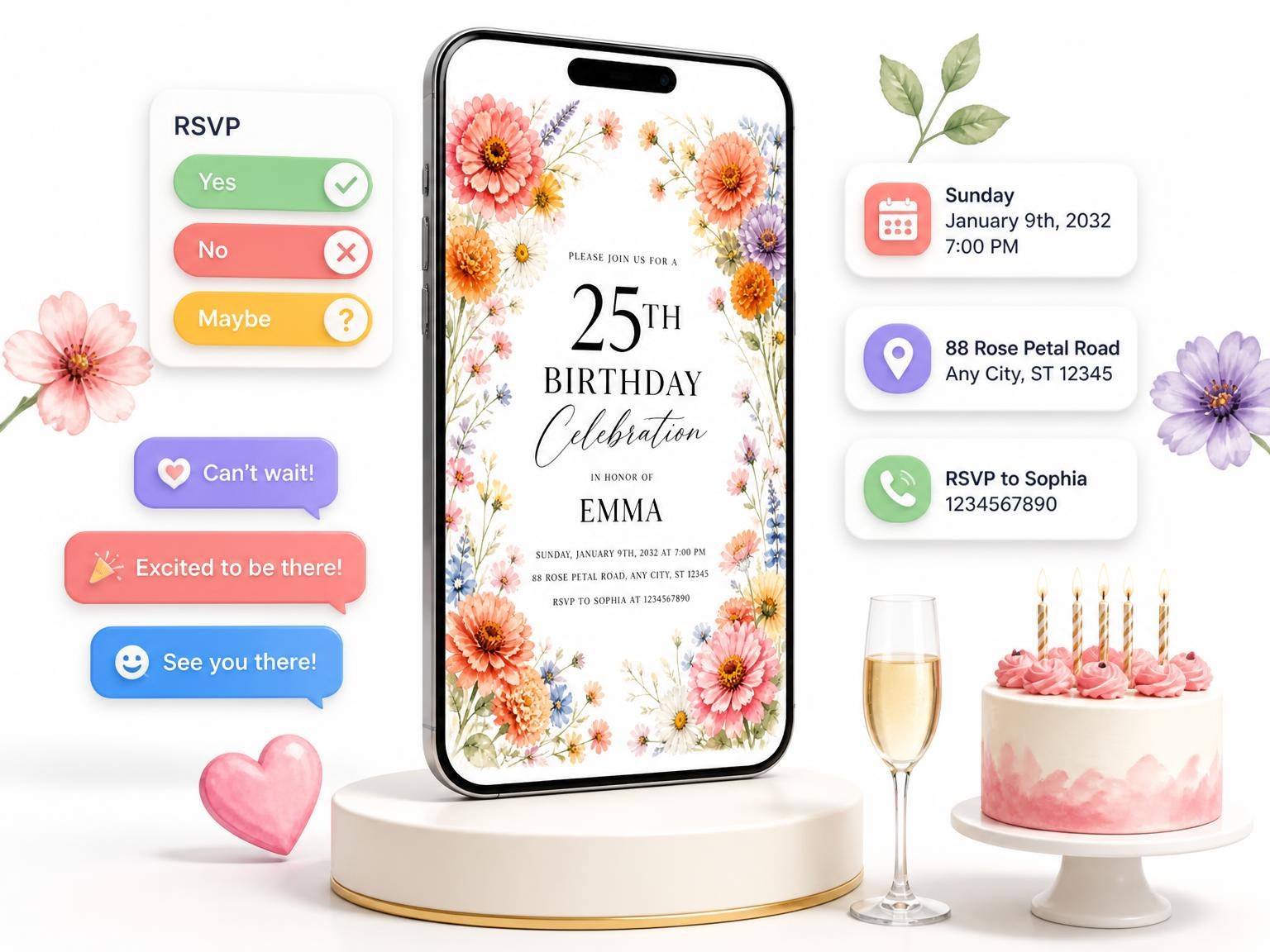The Pastel Floral 25th Birthday Invitation invitation on a phone, with guest RSVPs arriving around it