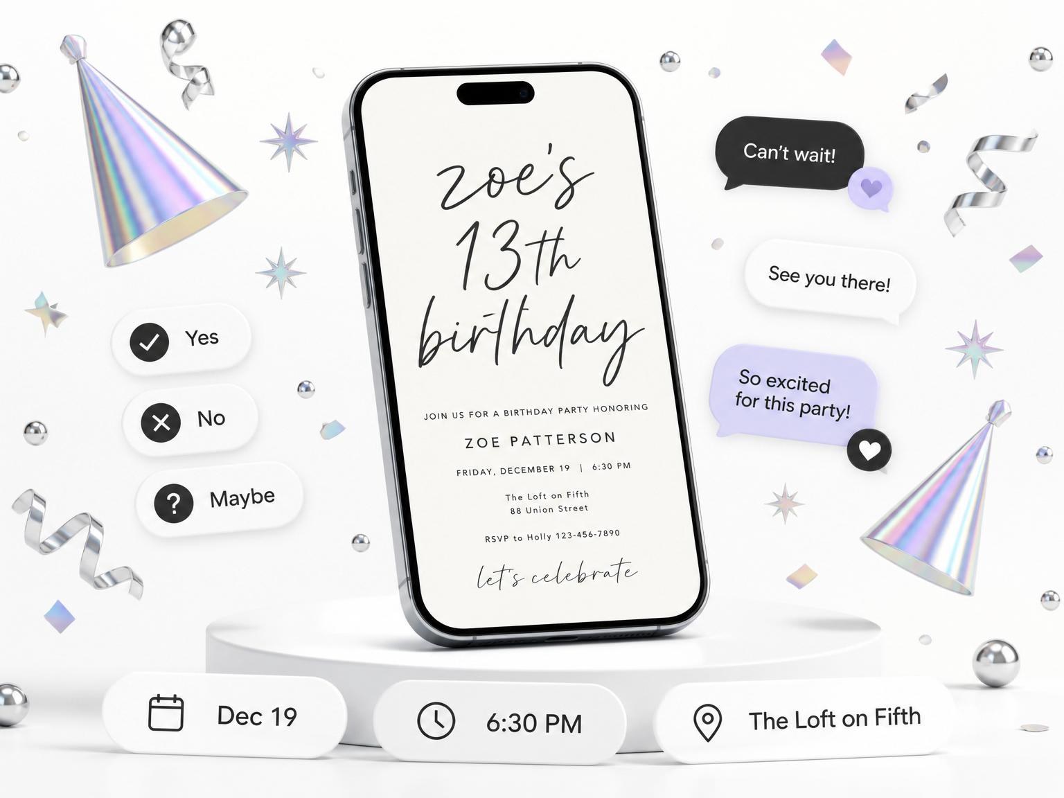 The Off-White Minimalist Script 13th Birthday invitation on a phone, with guest RSVPs arriving around it
