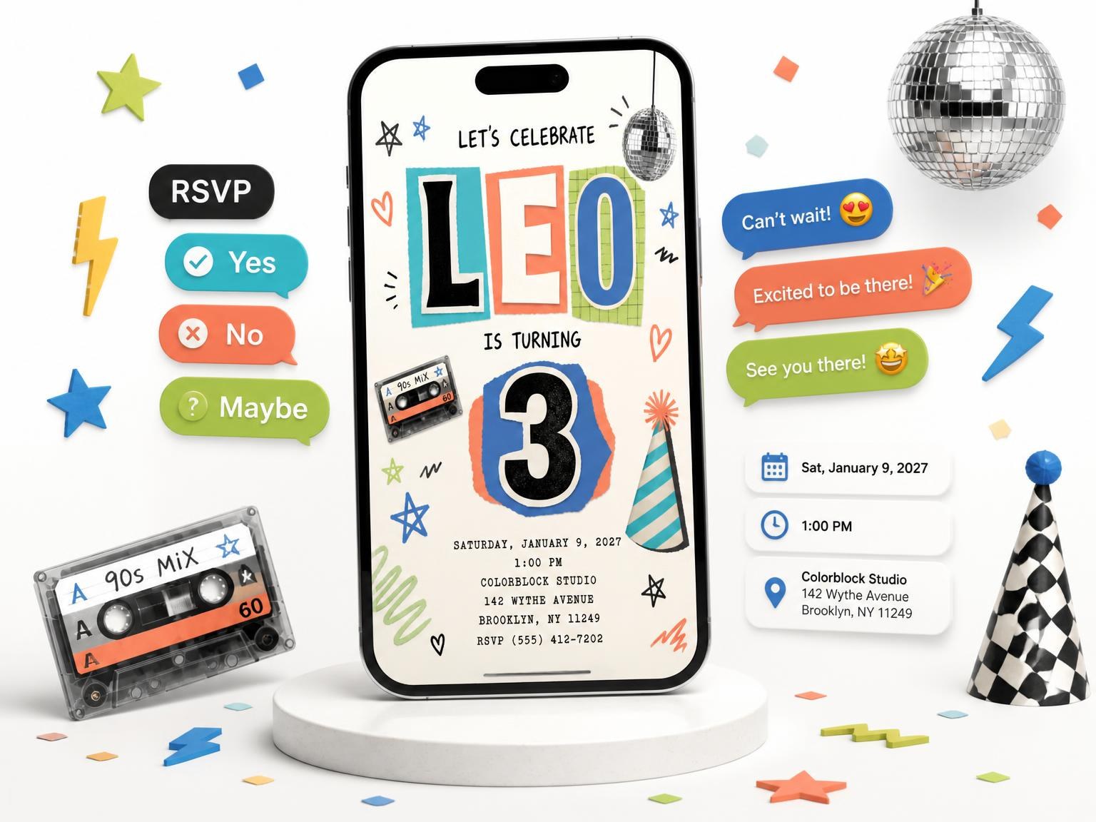 The Retro Paper Collage 3rd Birthday Invitation invitation on a phone, with guest RSVPs arriving around it