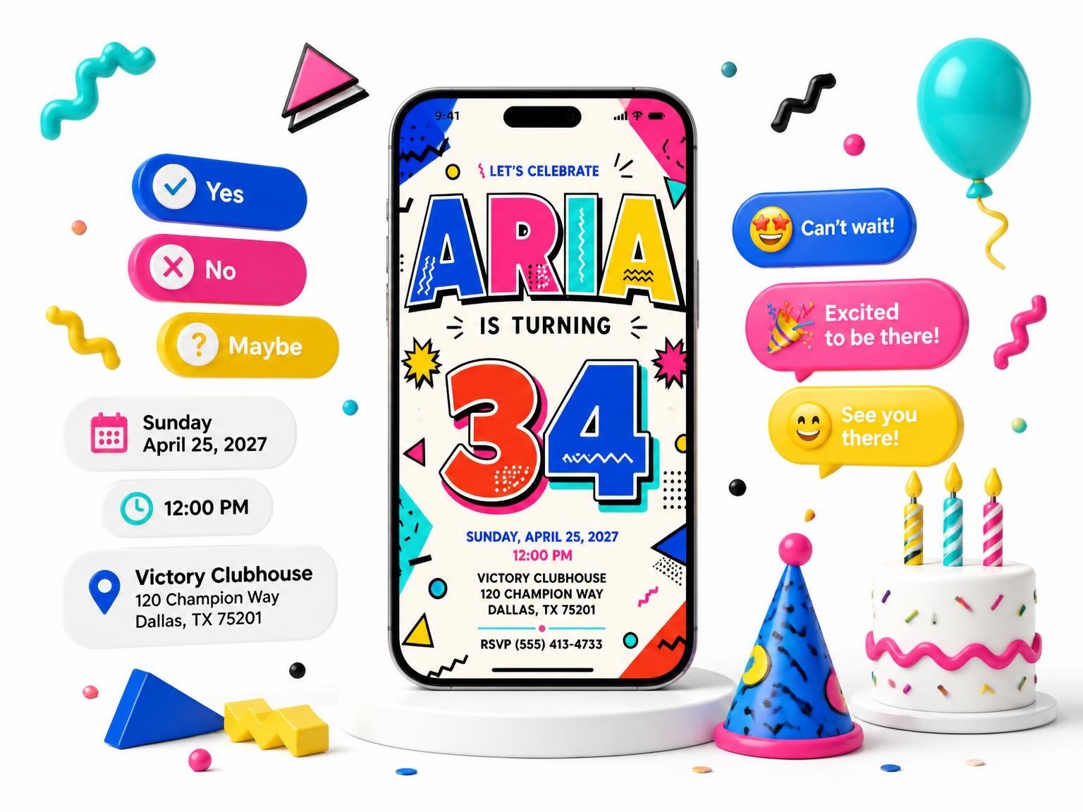 The Memphis Pop 34th Birthday Invitation invitation on a phone, with guest RSVPs arriving around it