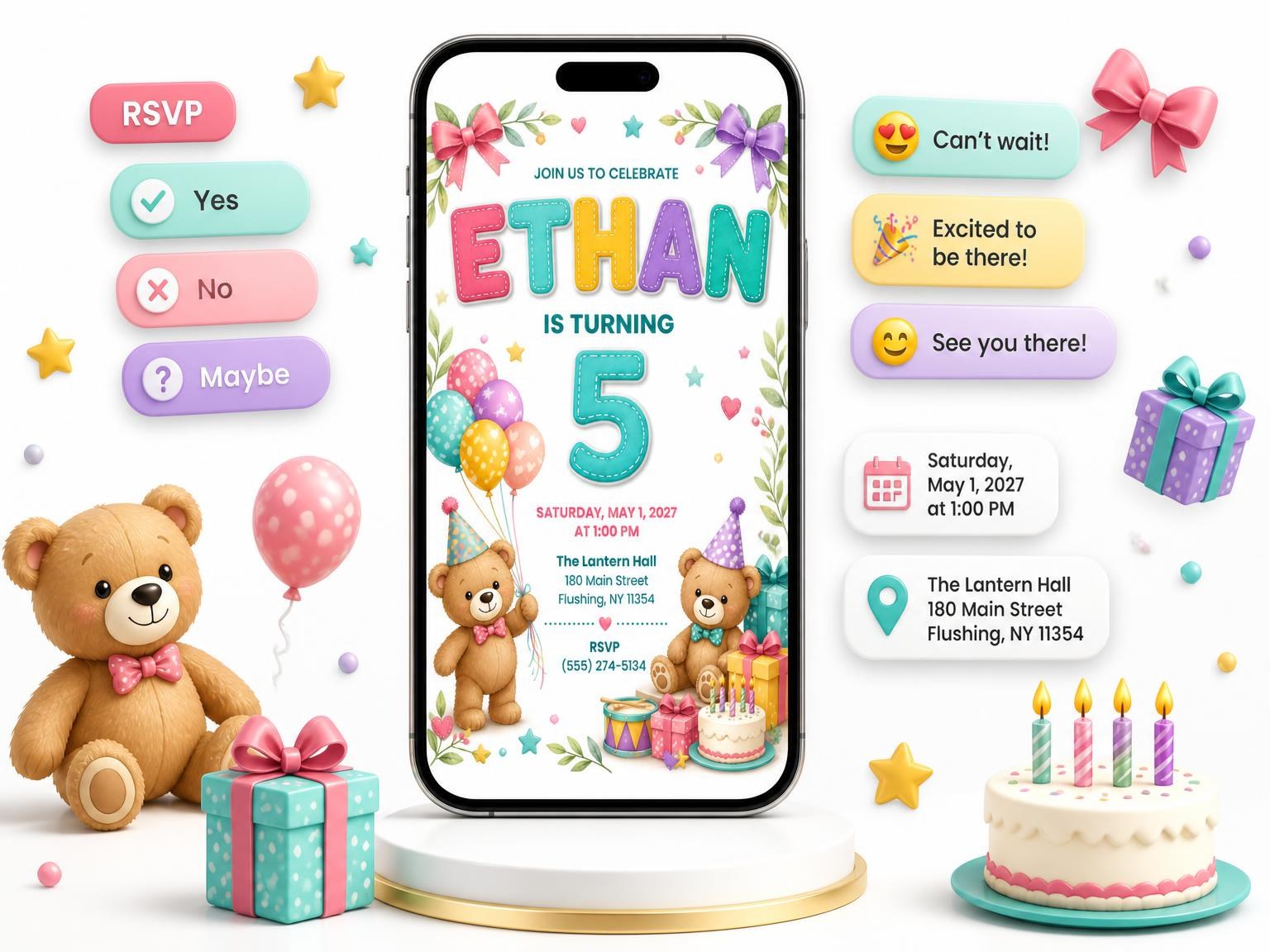 The Stitched Teddy Bear 5th Birthday Invitation invitation on a phone, with guest RSVPs arriving around it