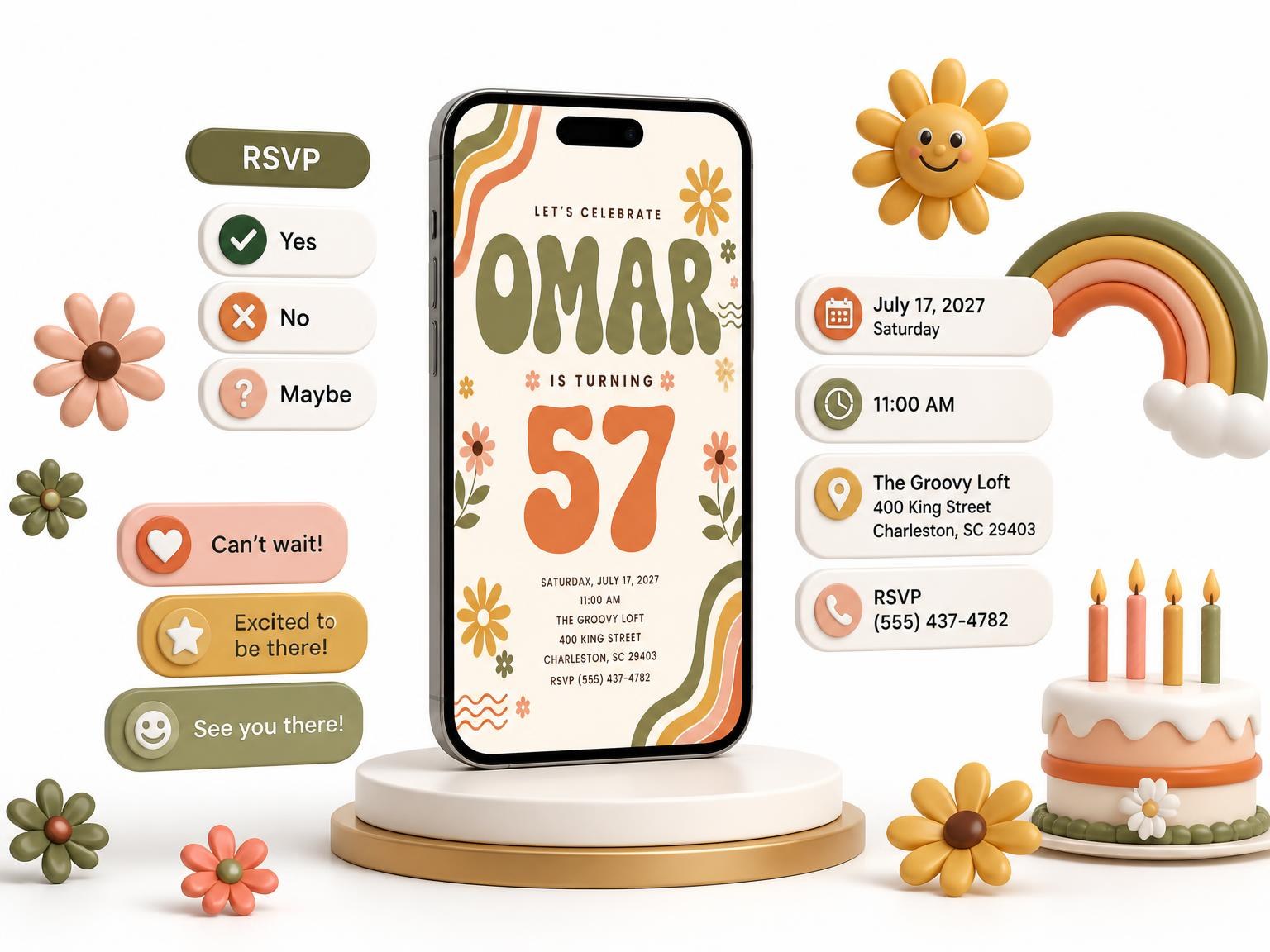 The Groovy Retro 57th Birthday Invitation invitation on a phone, with guest RSVPs arriving around it