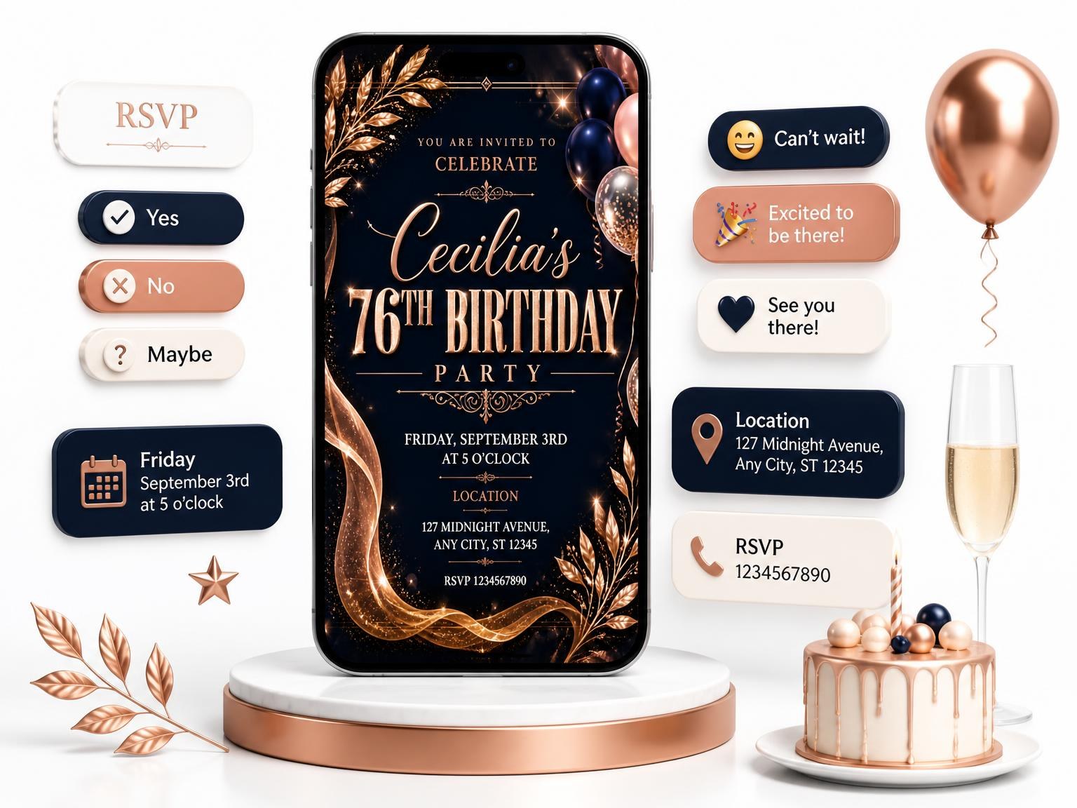 The Navy and Rose Gold 76th Birthday Invitation invitation on a phone, with guest RSVPs arriving around it