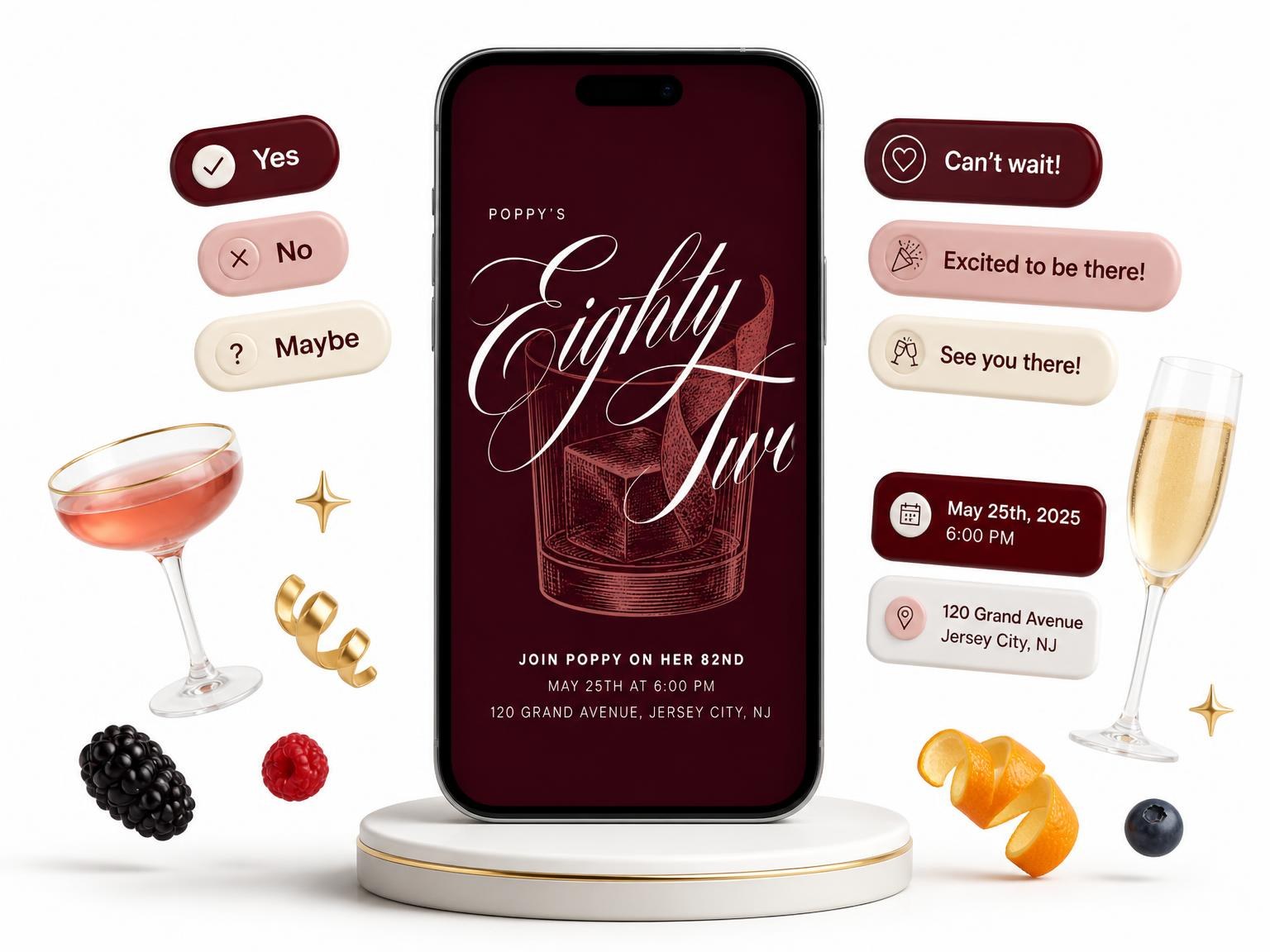 The Burgundy Cocktail 82nd Birthday Invitation invitation on a phone, with guest RSVPs arriving around it