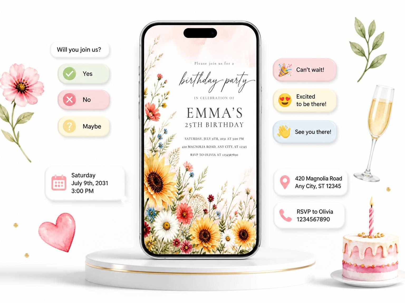 The Summer Garden Golden 25th Birthday Invitation invitation on a phone, with guest RSVPs arriving around it