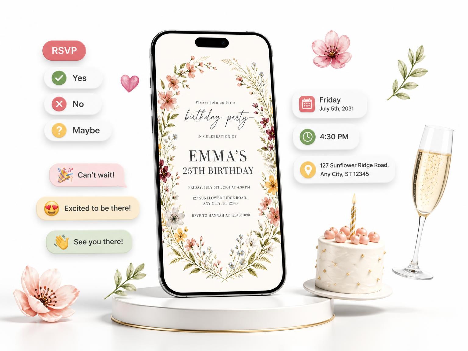 The Oval Wreath Golden 25th Birthday Invitation invitation on a phone, with guest RSVPs arriving around it