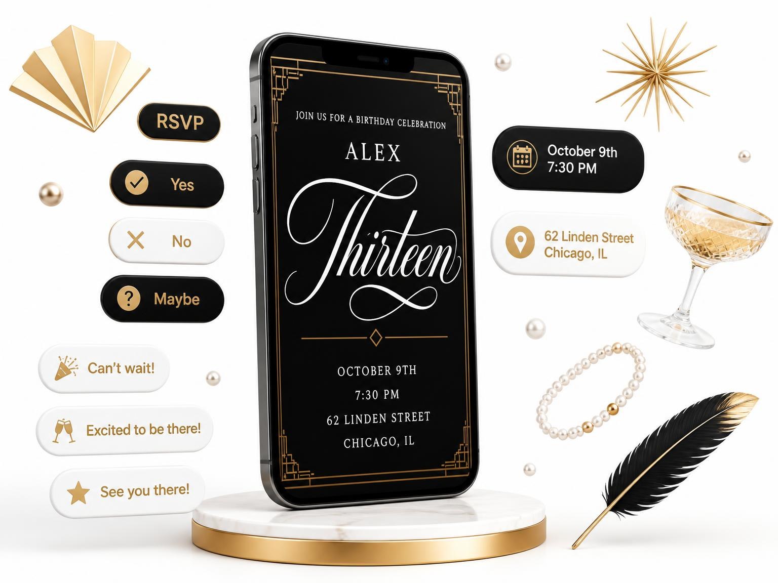 The Art Deco 13th Birthday Invitation invitation on a phone, with guest RSVPs arriving around it