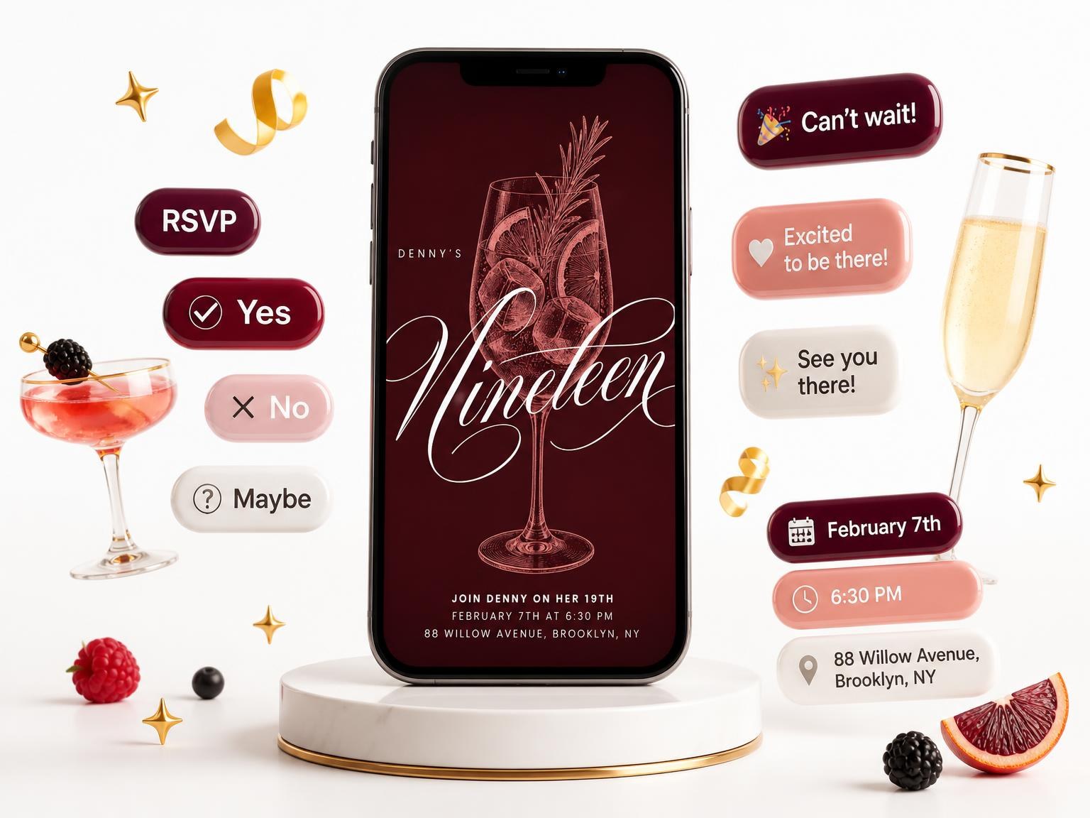 The Burgundy Cocktail 19th Birthday Invitation invitation on a phone, with guest RSVPs arriving around it
