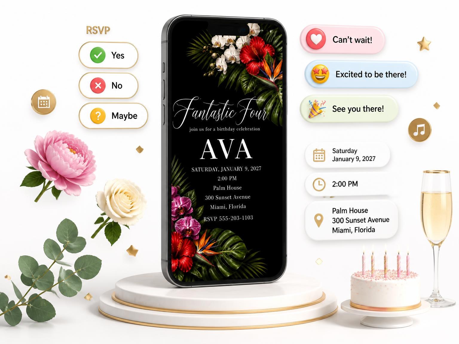 The Black Floral 4th Birthday Invitation invitation on a phone, with guest RSVPs arriving around it