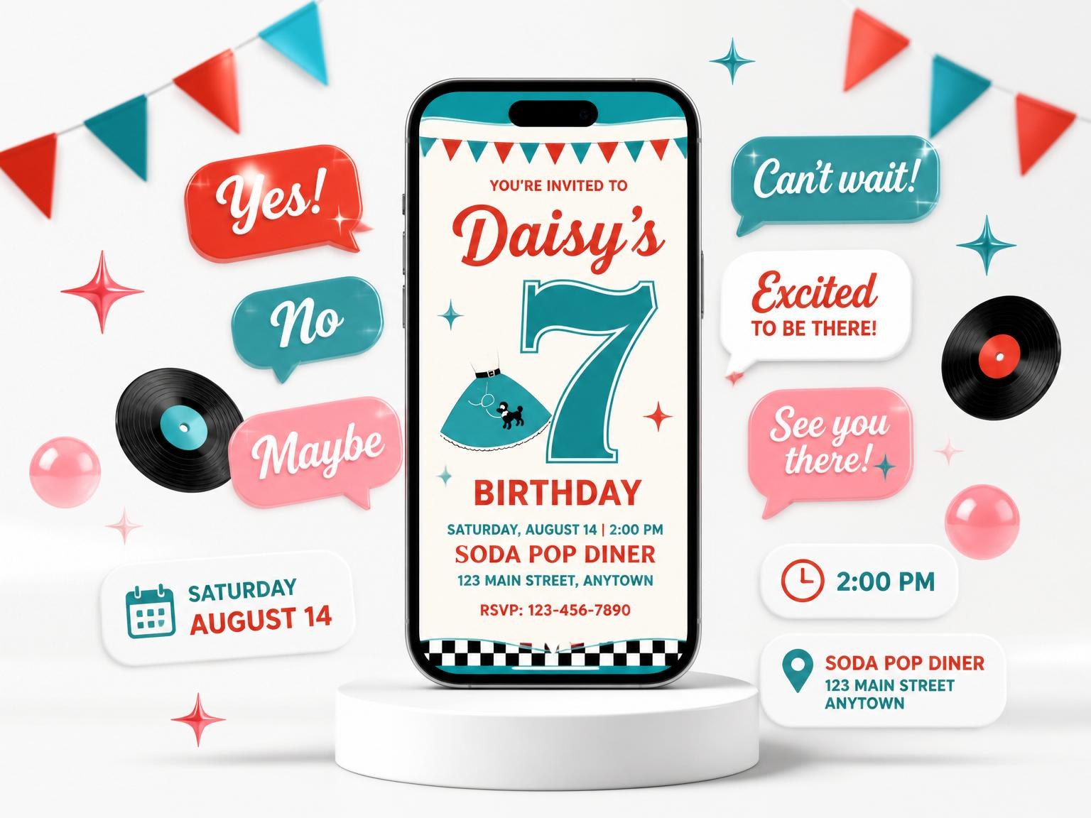 The Retro Poodle Skirt 7th Birthday invitation on a phone, with guest RSVPs arriving around it