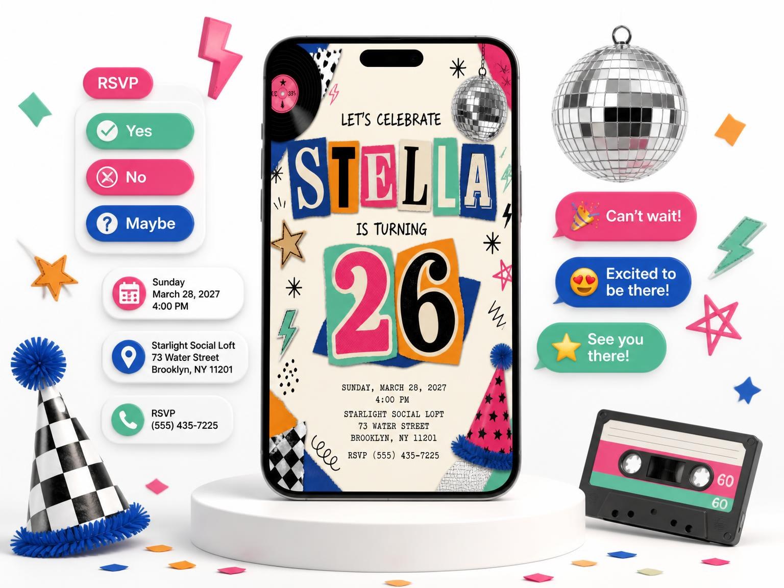 The Retro Paper Collage 26th Birthday Invitation invitation on a phone, with guest RSVPs arriving around it