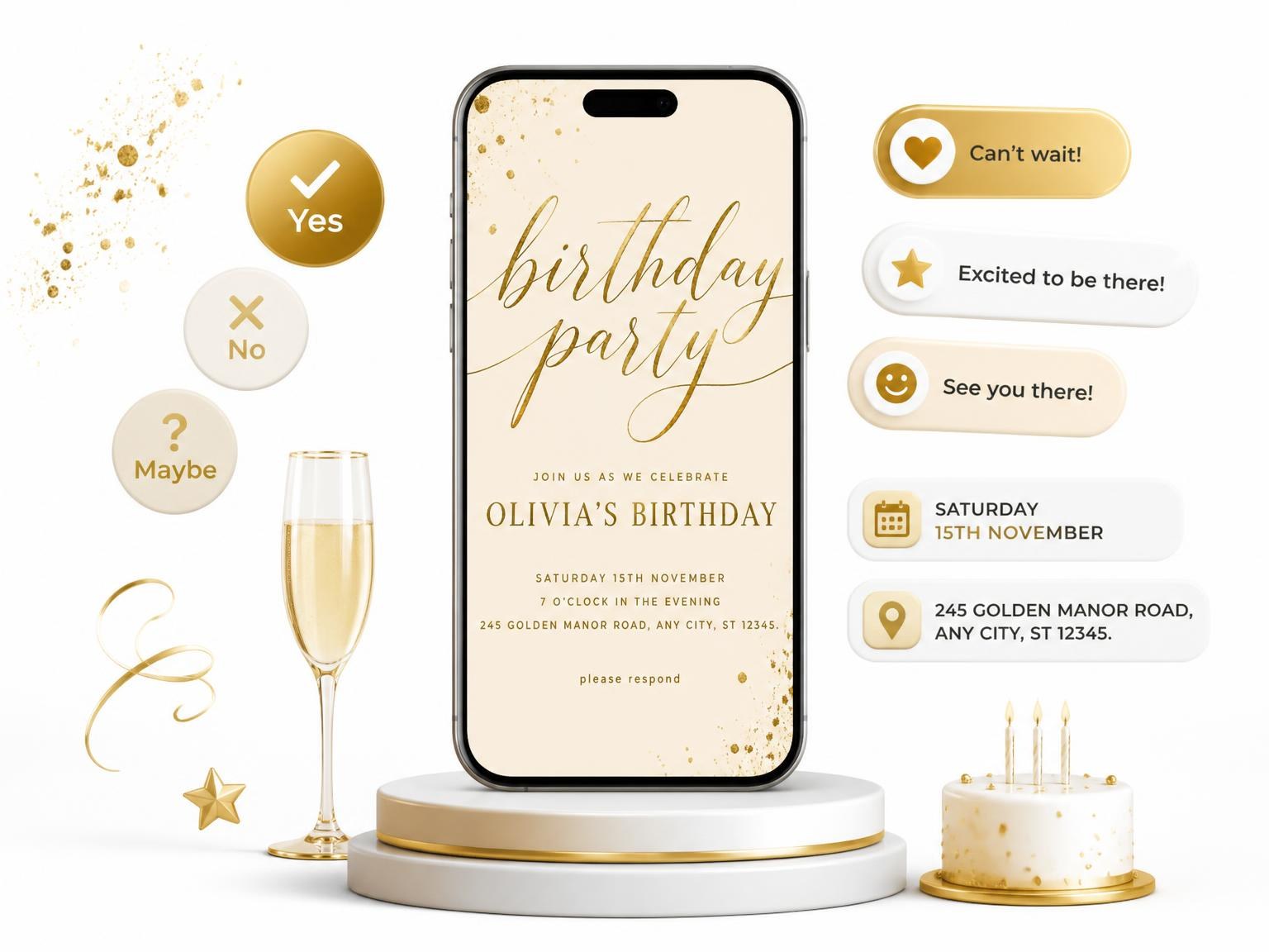 The Champagne and Gold Birthday Invitation invitation on a phone, with guest RSVPs arriving around it