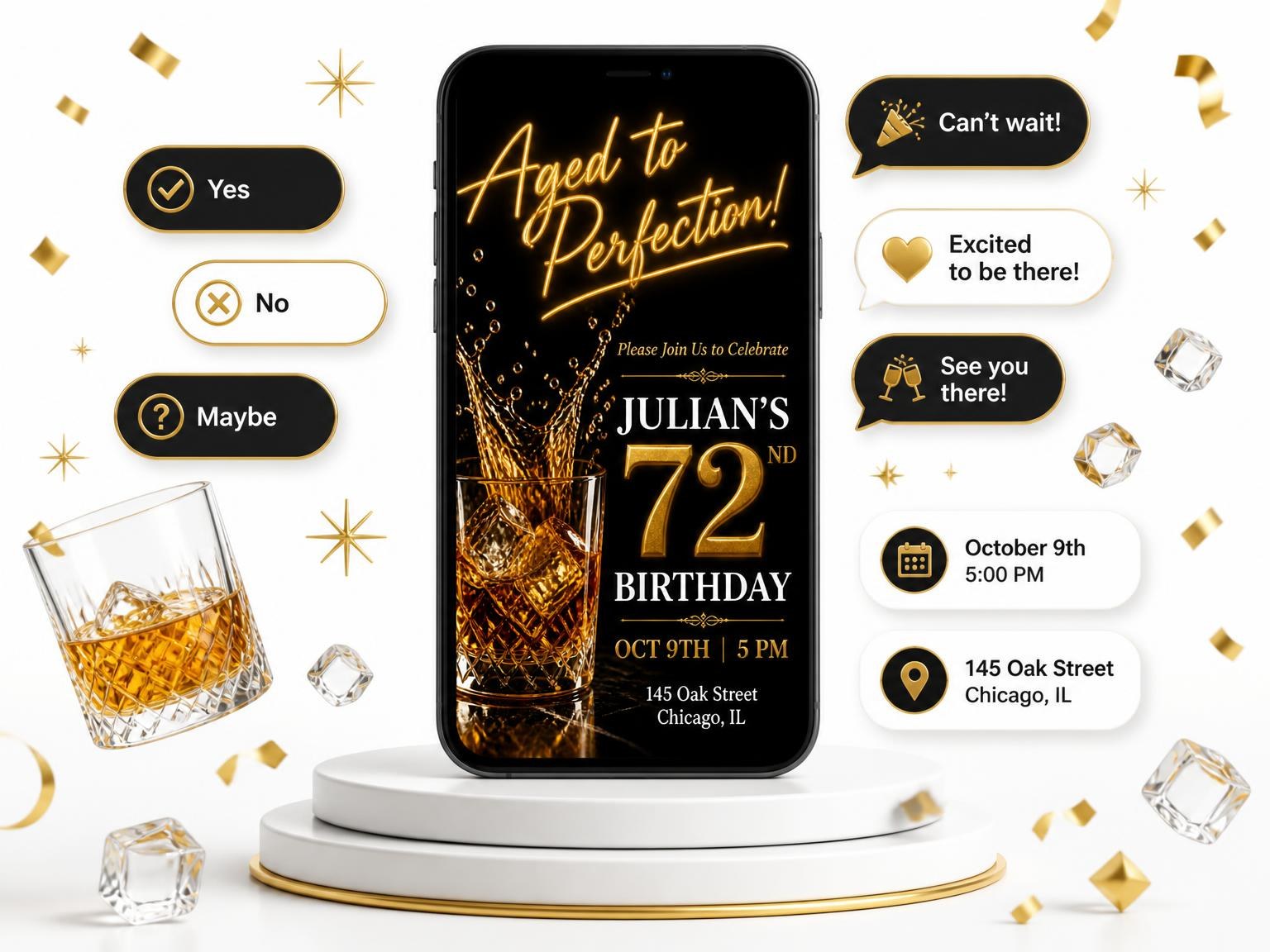 The Whiskey Glass 72nd Birthday Invitation invitation on a phone, with guest RSVPs arriving around it