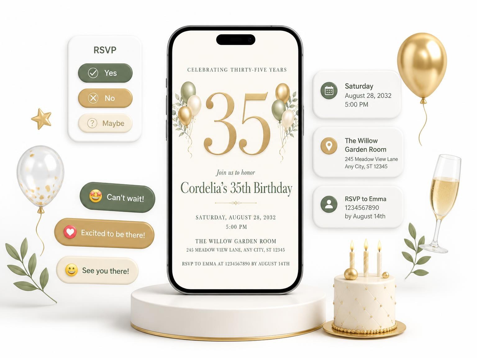 The Sage and Ivory 35th Birthday Invitation invitation on a phone, with guest RSVPs arriving around it